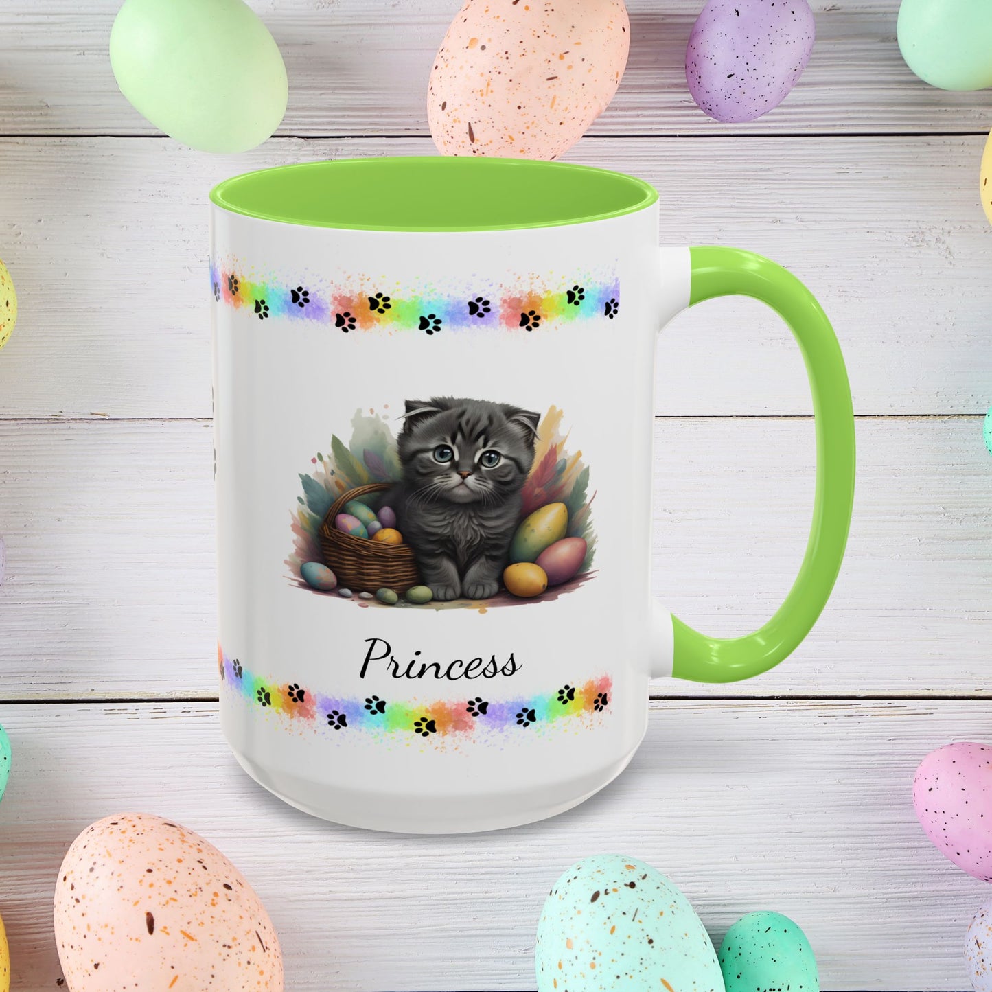 Scottish Fold Easter coffee mug, personalized kitten design, cute cat gift for mental health awareness