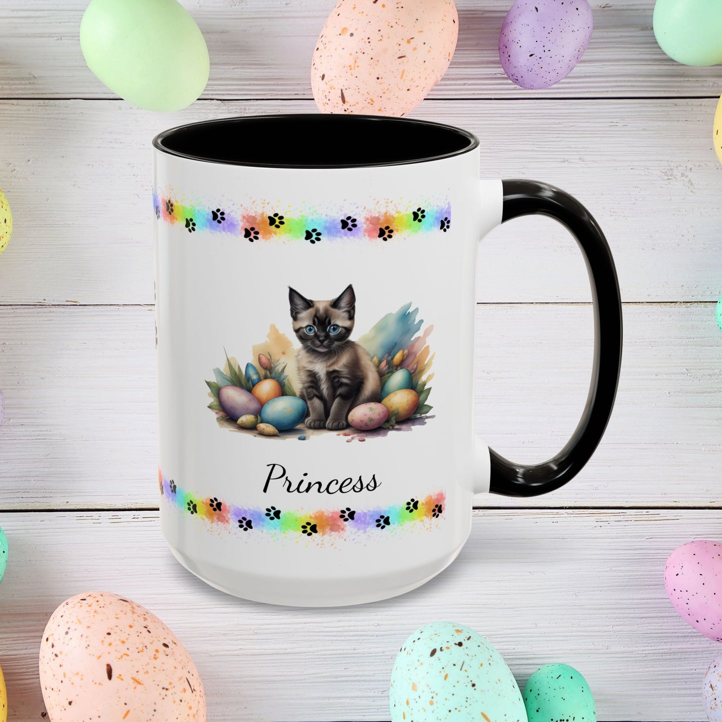 Siamese personalized Easter kitten mug, cute cat coffee cup, gift for mental health support and comfort