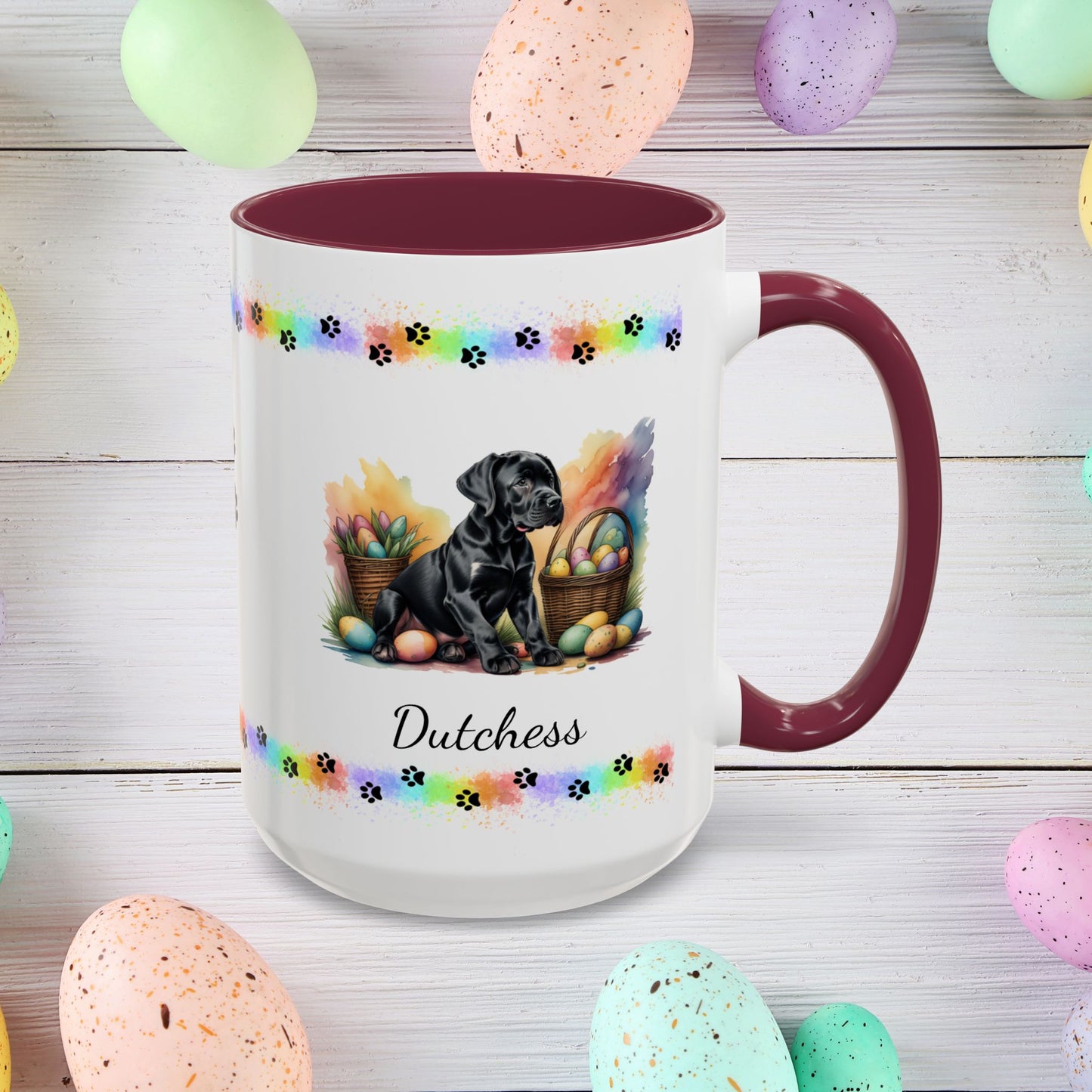 Great Dane Black Easter puppy coffee mug, personalized cute dog gift for mental health support and cozy sipping