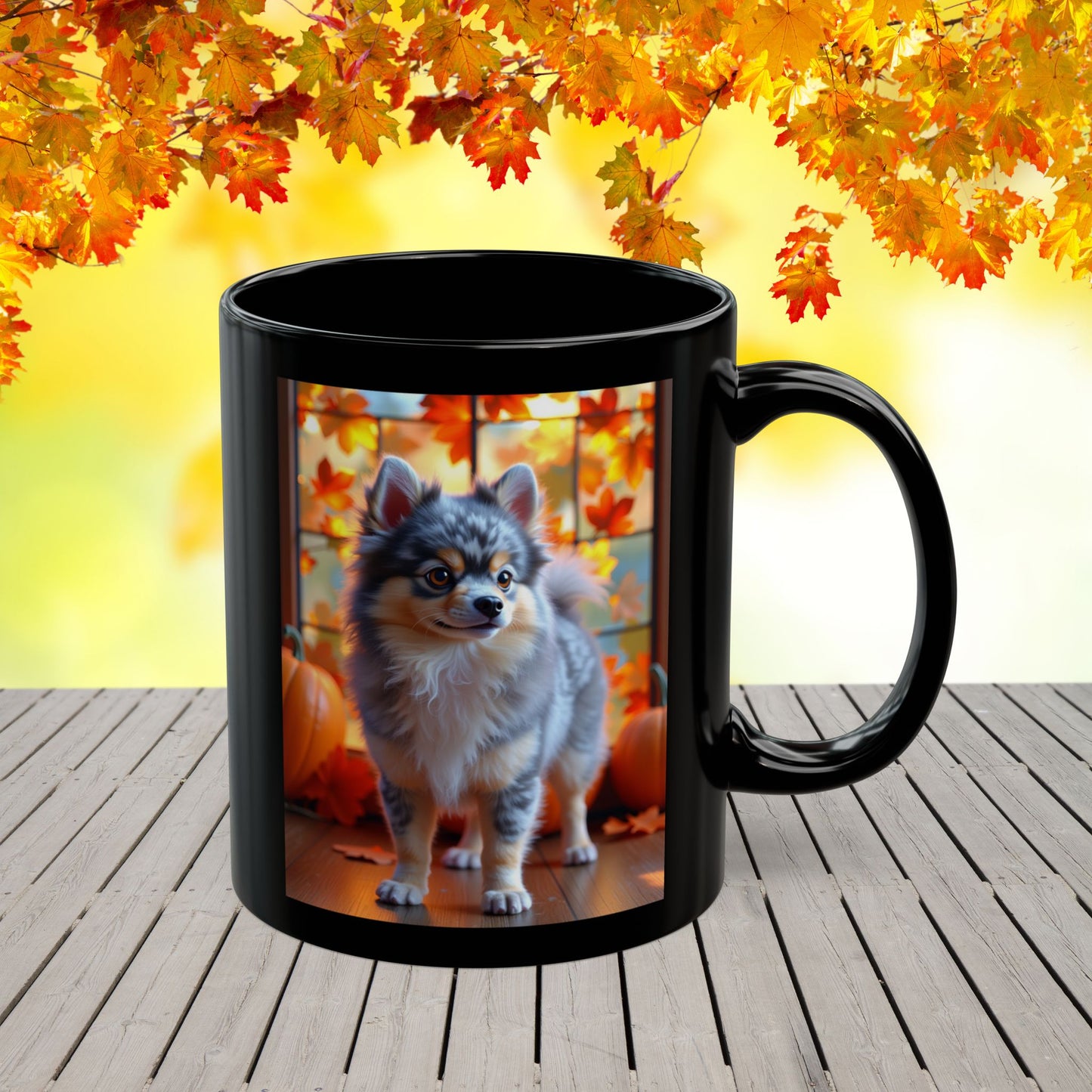 Blue Merle & Tan Pomeranian fall coffee mug, personalized gift for dog lovers and cozy autumn days