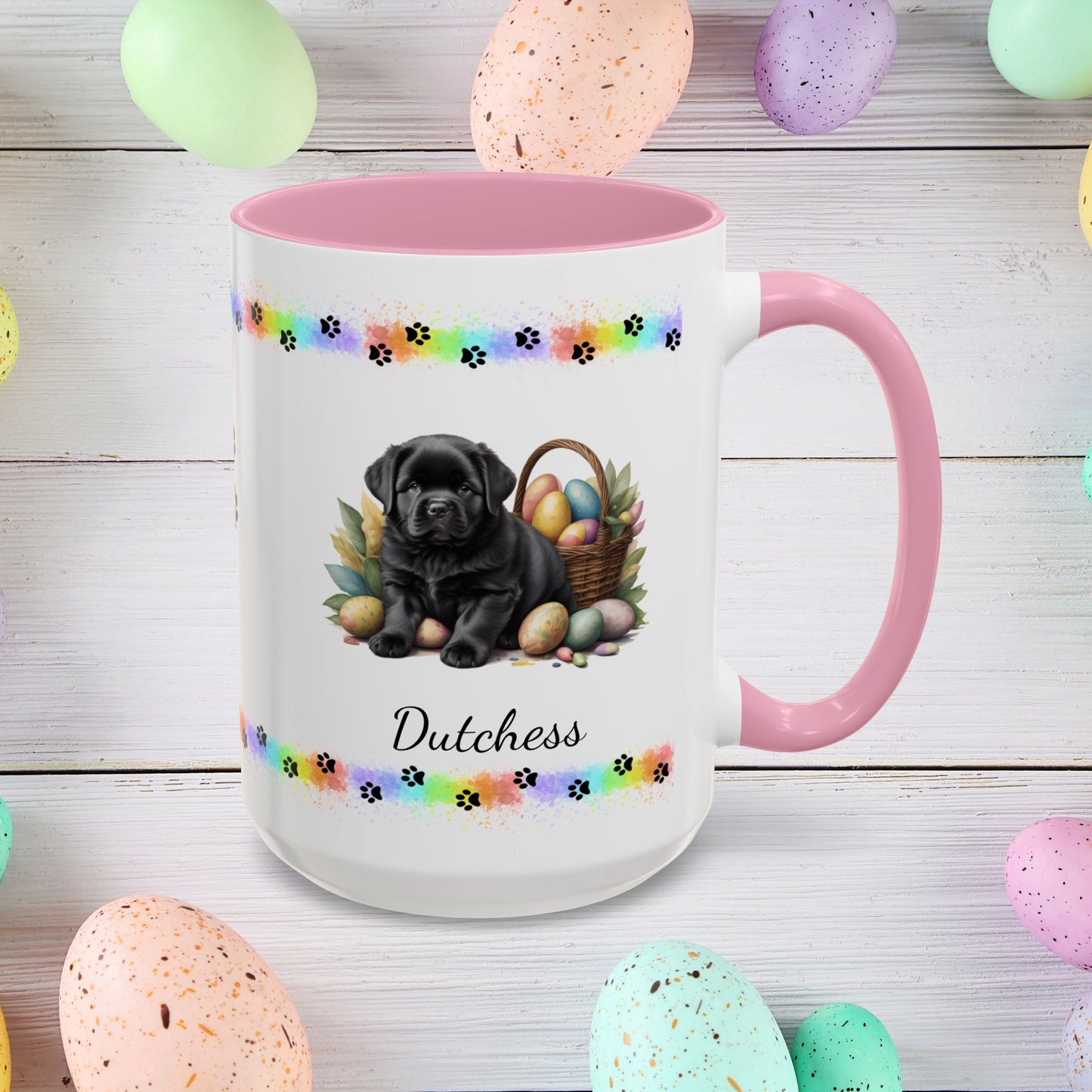 Newfoundland Black Easter puppy coffee mug, personalized cute dog gift for mental health awareness and cozy sipping