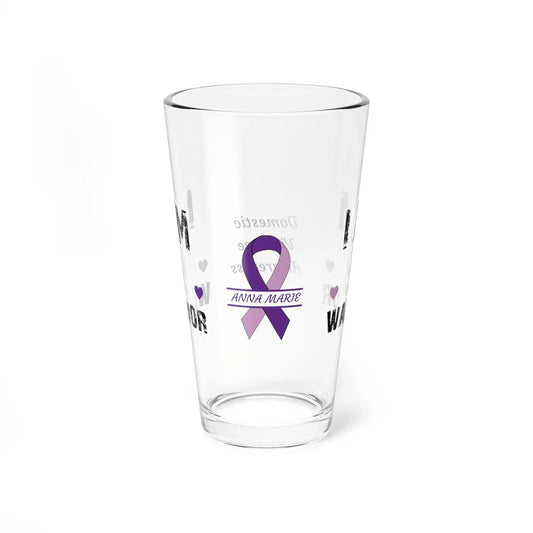 Shop our premium i am of a warrior domestic violence awareness pint glass 16oz from MySisterIsASurvivor.