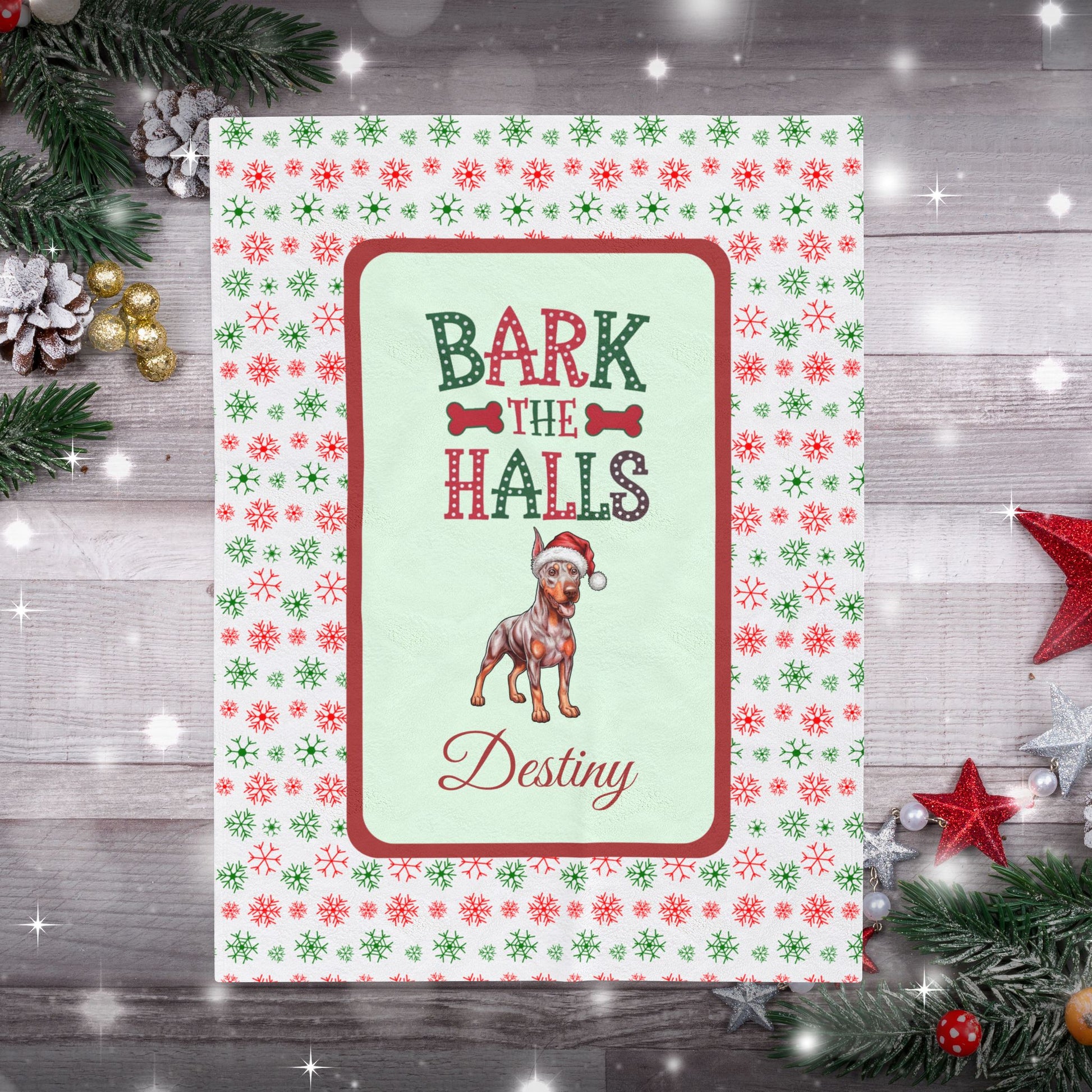 Doberman Pinscher Fawn Isabella and Rust velveteen holiday dog blanket Bark The Halls cozy Christmas throw
