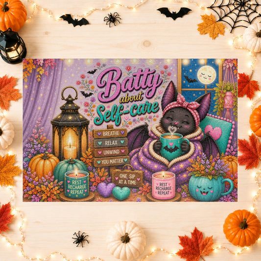Batty About Self-Care Halloween puzzle with cozy bat, warm mug, blanket, and rest recharge repeat theme
