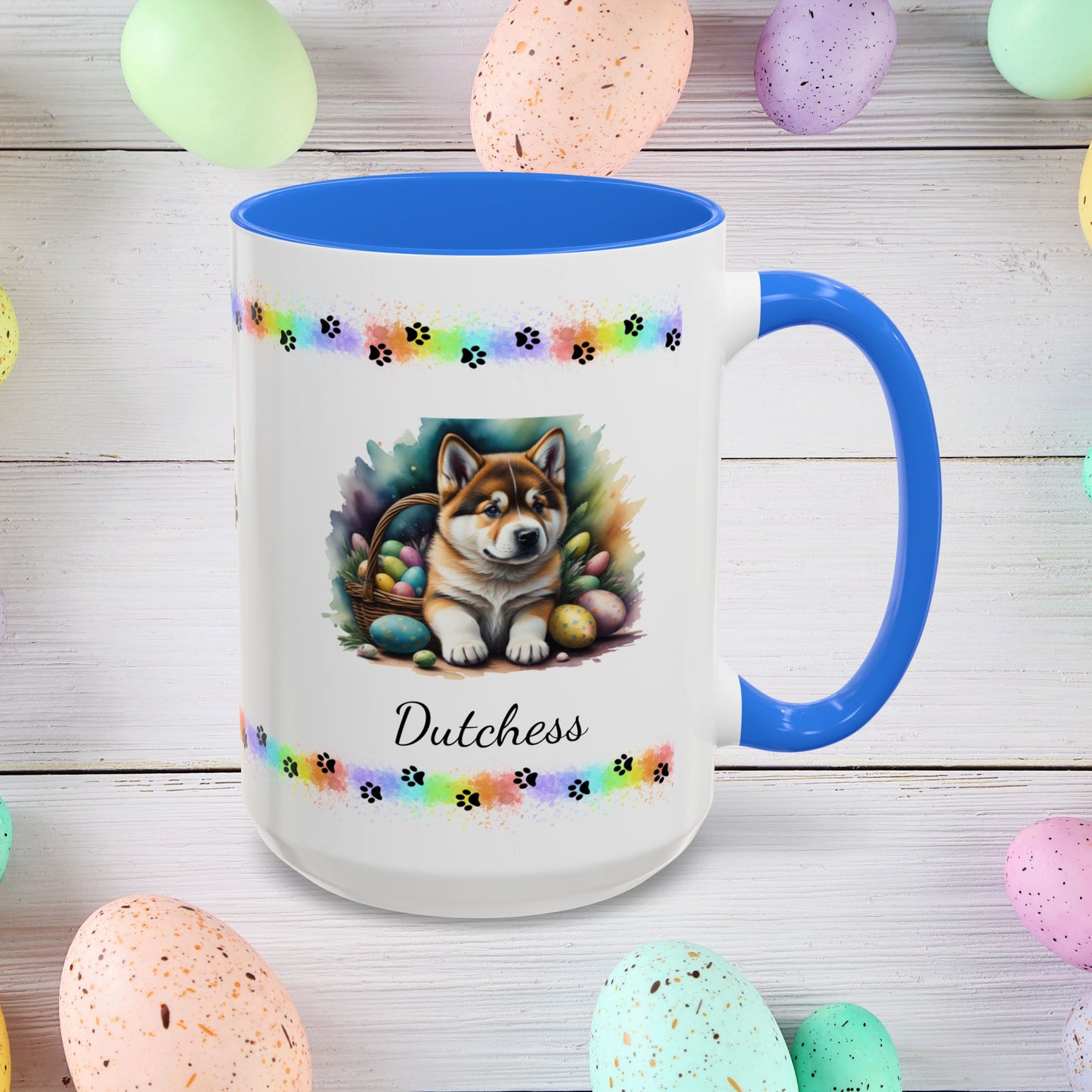 Akita personalized Easter puppy mug, cute dog coffee cup gift for mental health awareness and cozy sipping