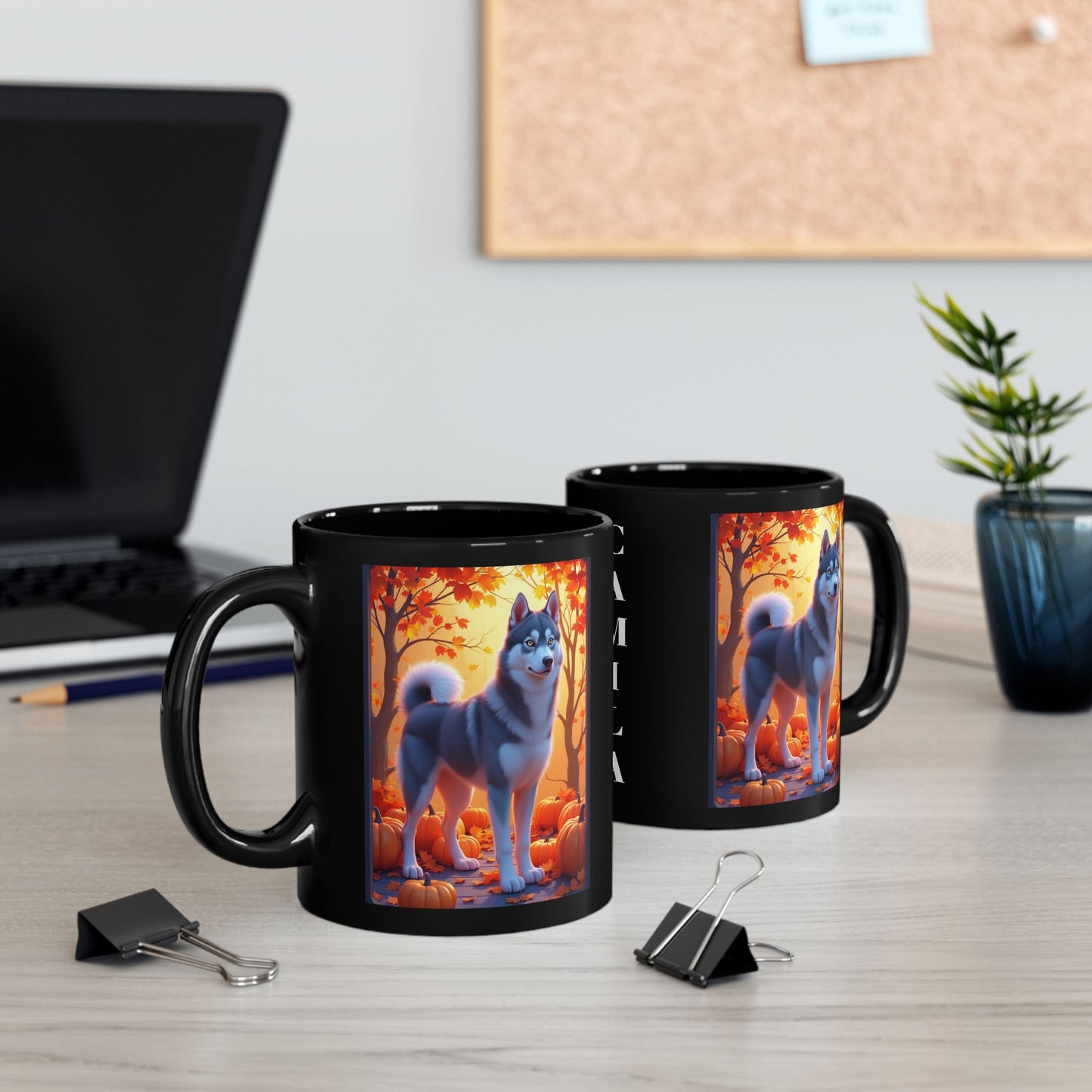 Dark Grey Siberian Husky (Amber Eyes) autumn coffee mug, personalized gift for Husky lovers this fall