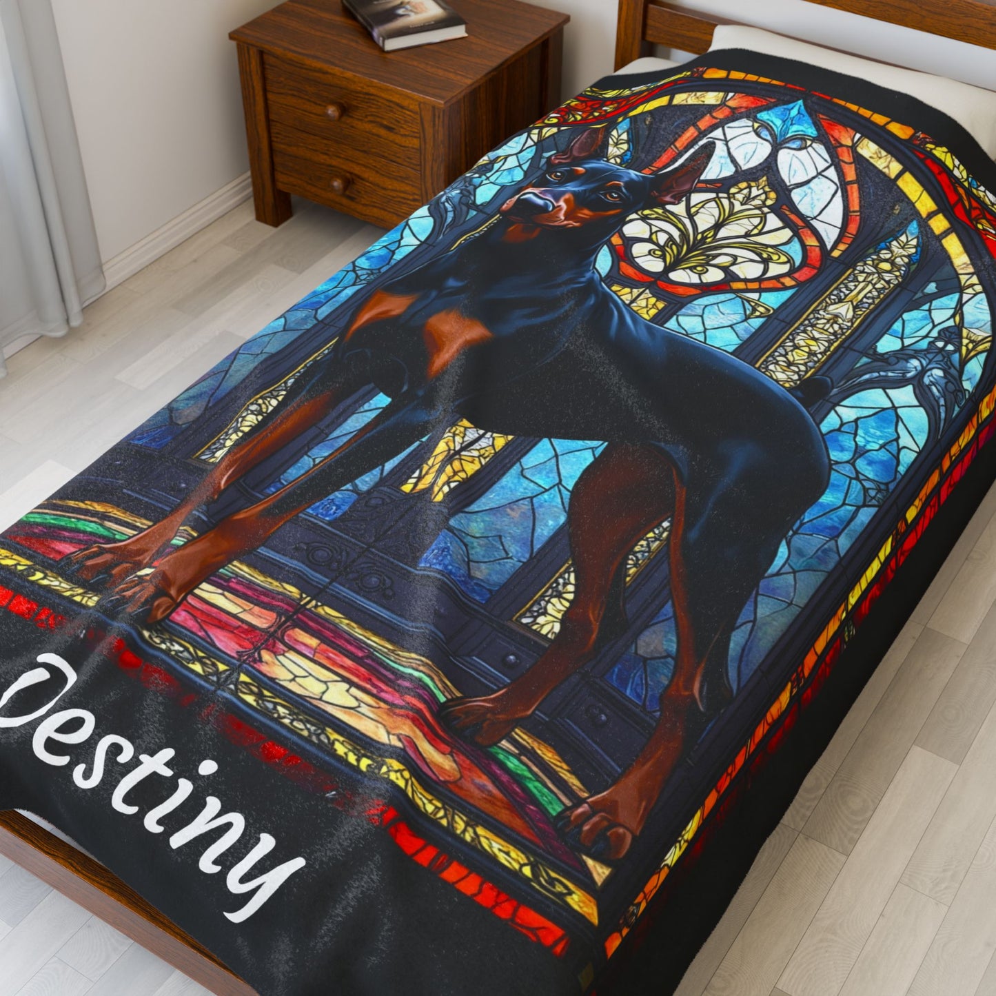 Doberman black and rust velveteen blanket, stained glass dog throw, personalized pet lover gift - MySisterIsASurvivor