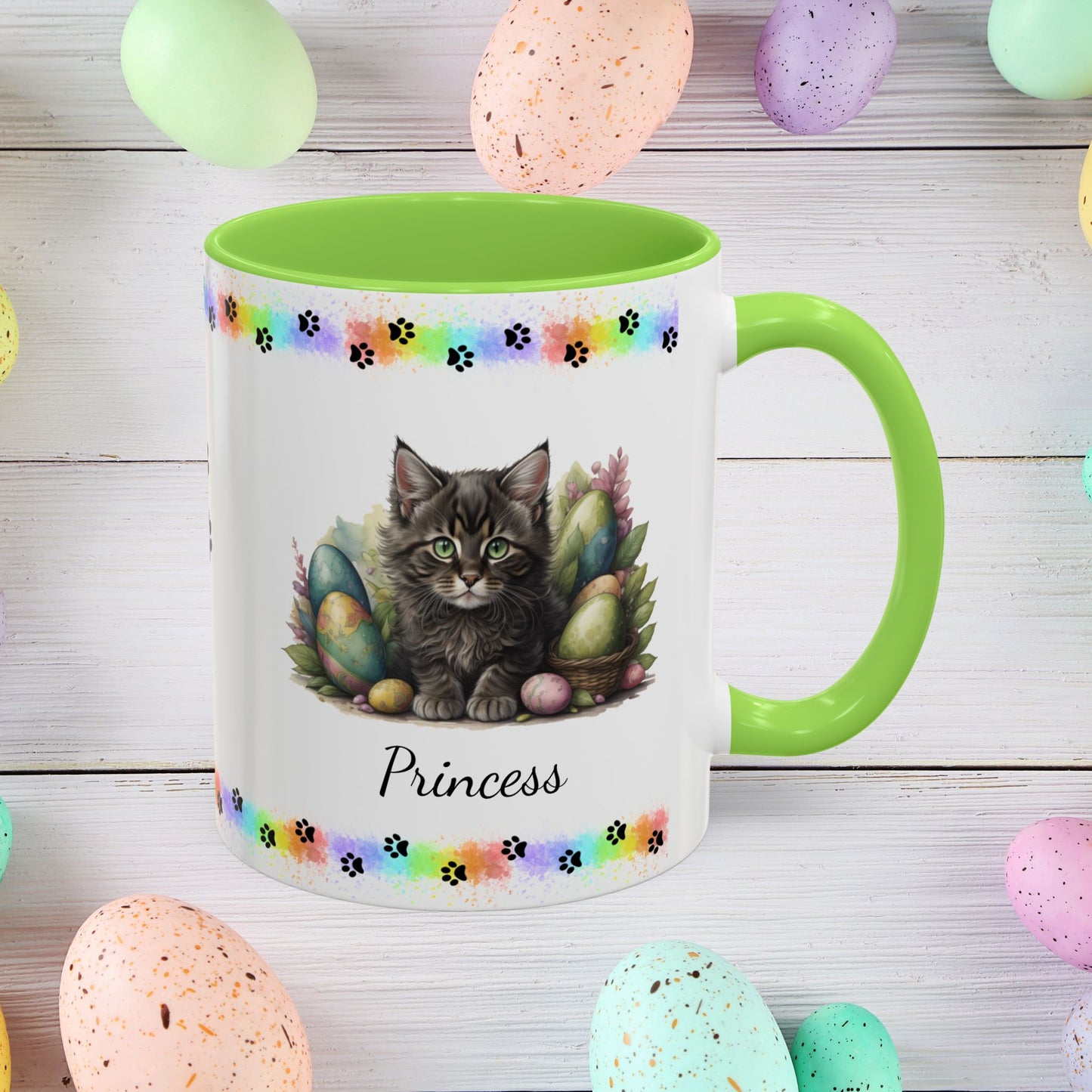 Maine Coon Easter kitten mug, personalized cute cat coffee cup, gift for mental health support and comfort