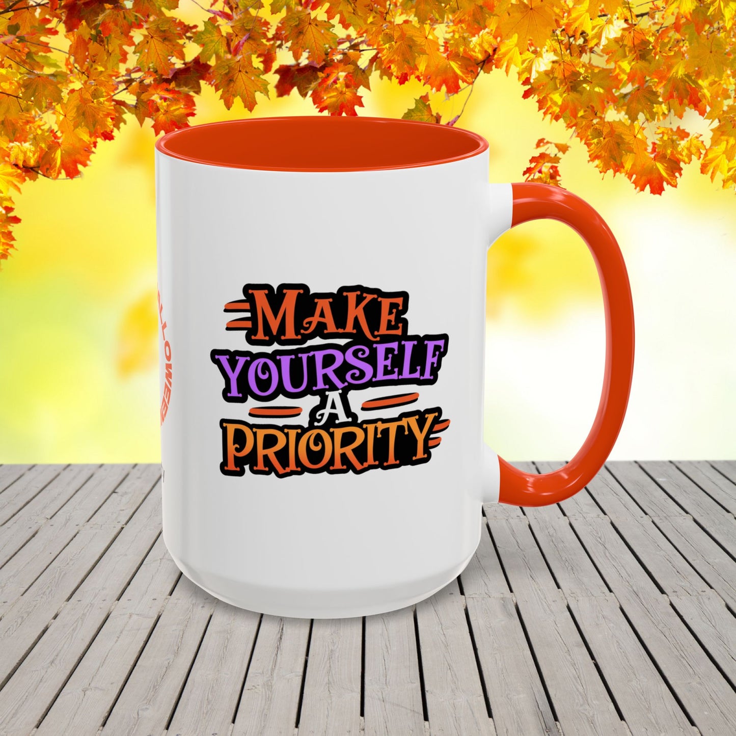 Personalized Halloween mug with “Make Yourself a Priority” quote, inspirational mental wellness gift with custom name.