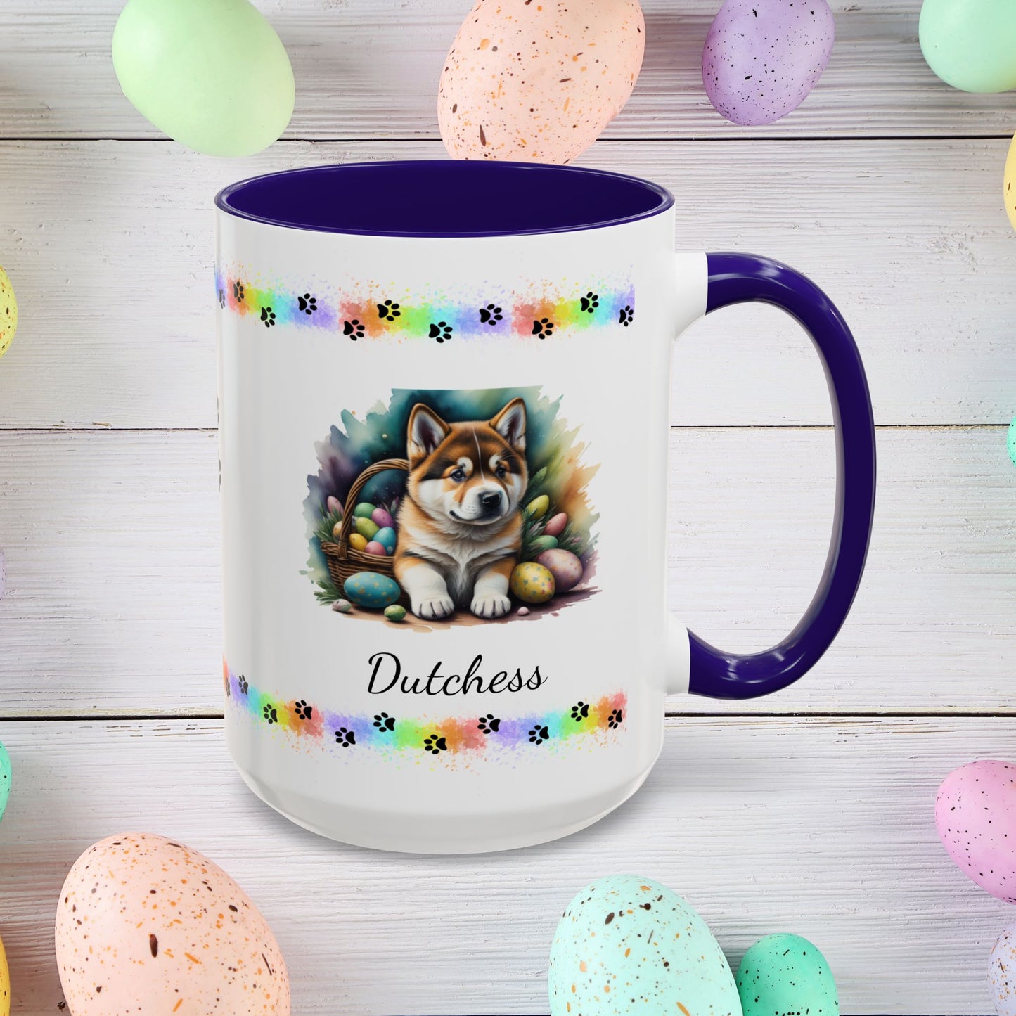 Akita personalized Easter puppy mug, cute dog coffee cup gift for mental health awareness and cozy sipping