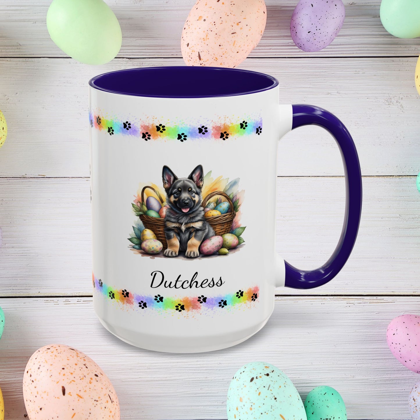 German Shepherd Sable Easter puppy coffee mug, personalized cute dog gift for mental health awareness and comfort