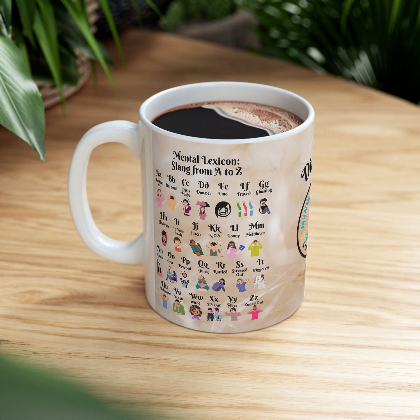 Mental Lexicon Mug with A-Z therapy slang, customizable for personal or professional mental health awareness use.