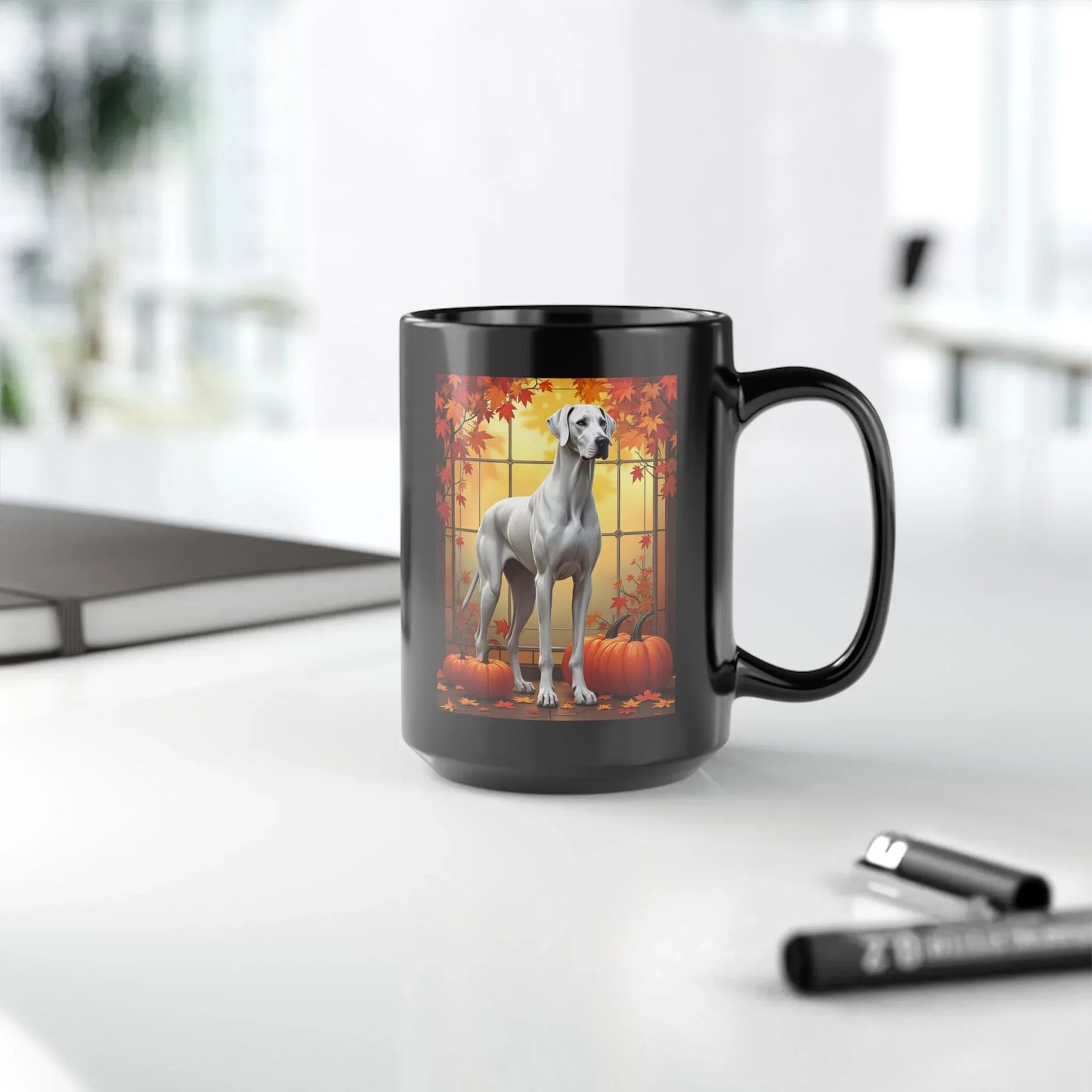 Shop our premium white great dane autumn black mug from MySisterIsASurvivor.