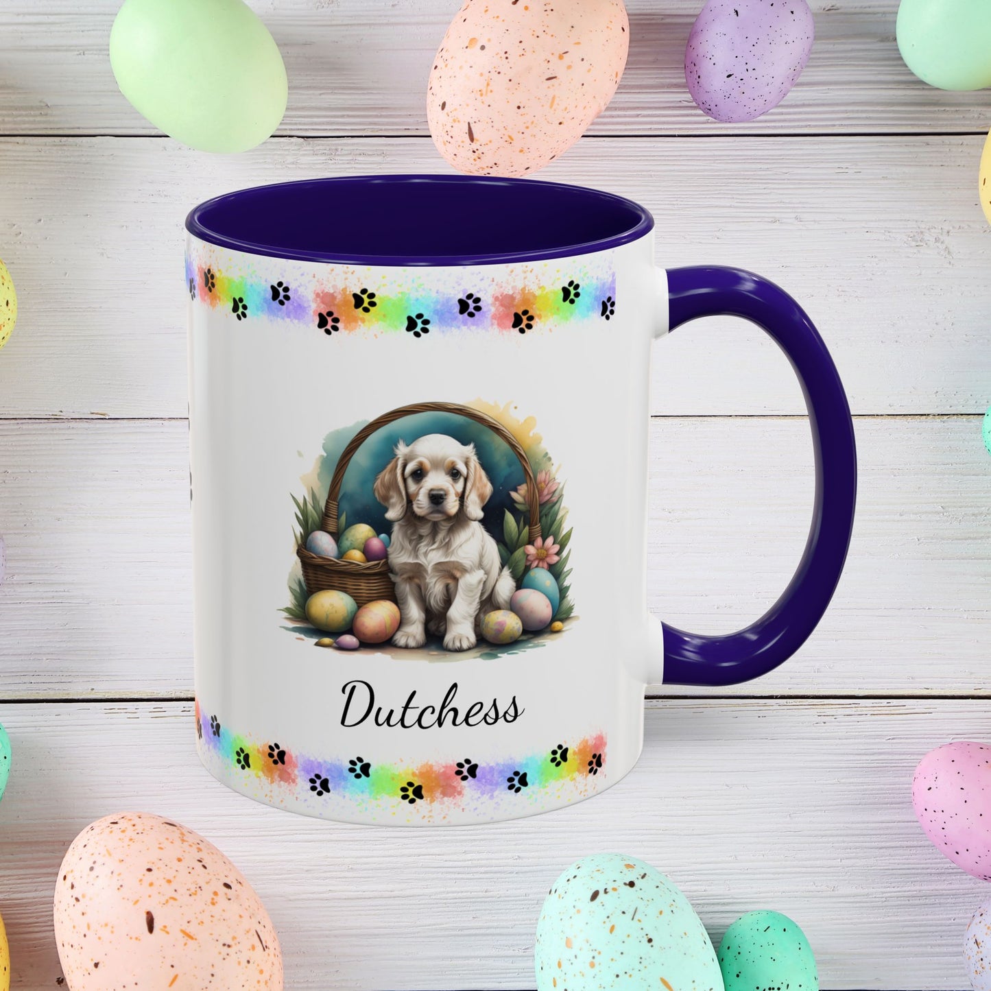 Cocker Spaniel Light Gold personalized Easter puppy mug, cute dog coffee cup gift for mental health awareness