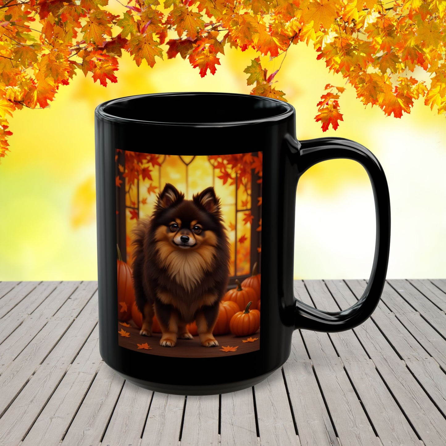 Chocolate & Tan Pomeranian fall coffee mug, personalized autumn gift for dog moms and dads