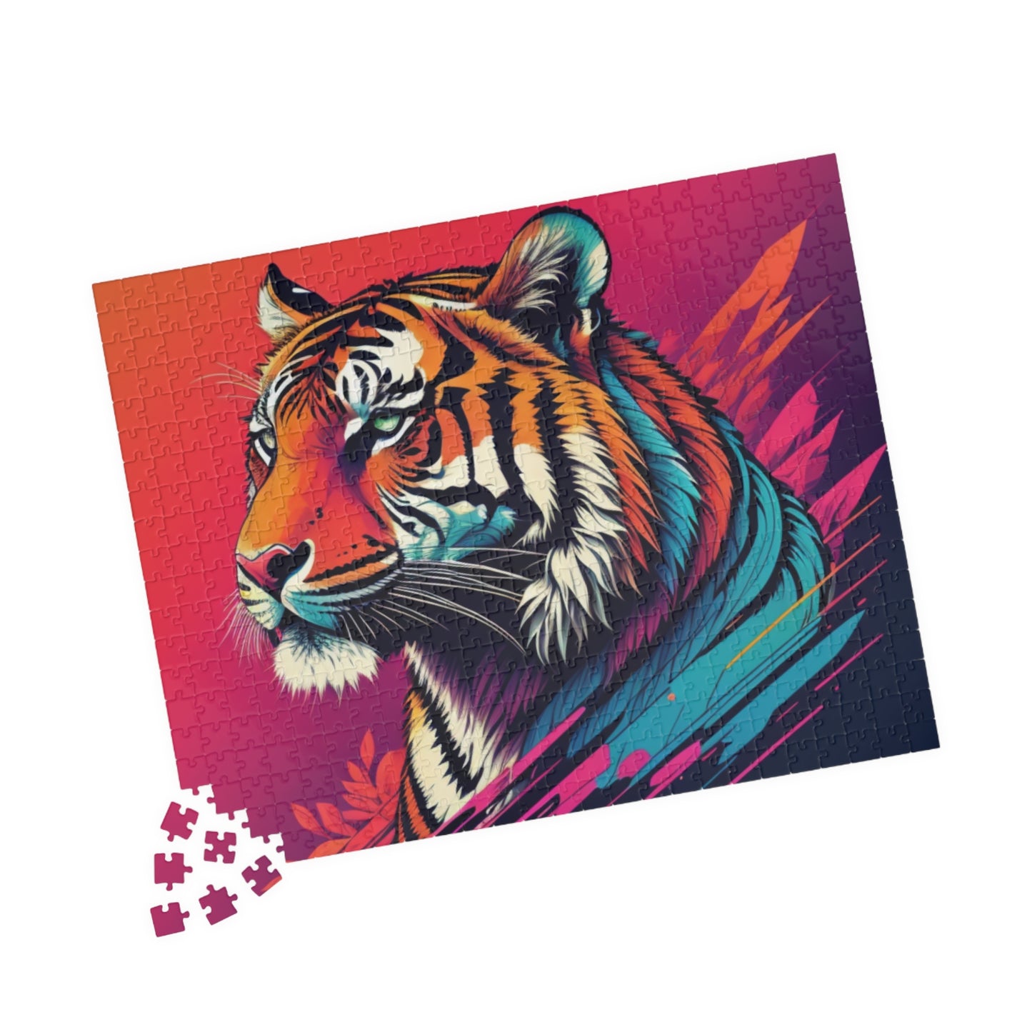 Tiger resting peacefully with detailed stripes, captured in a puzzle for calm, creativity, and artistic mindfulness