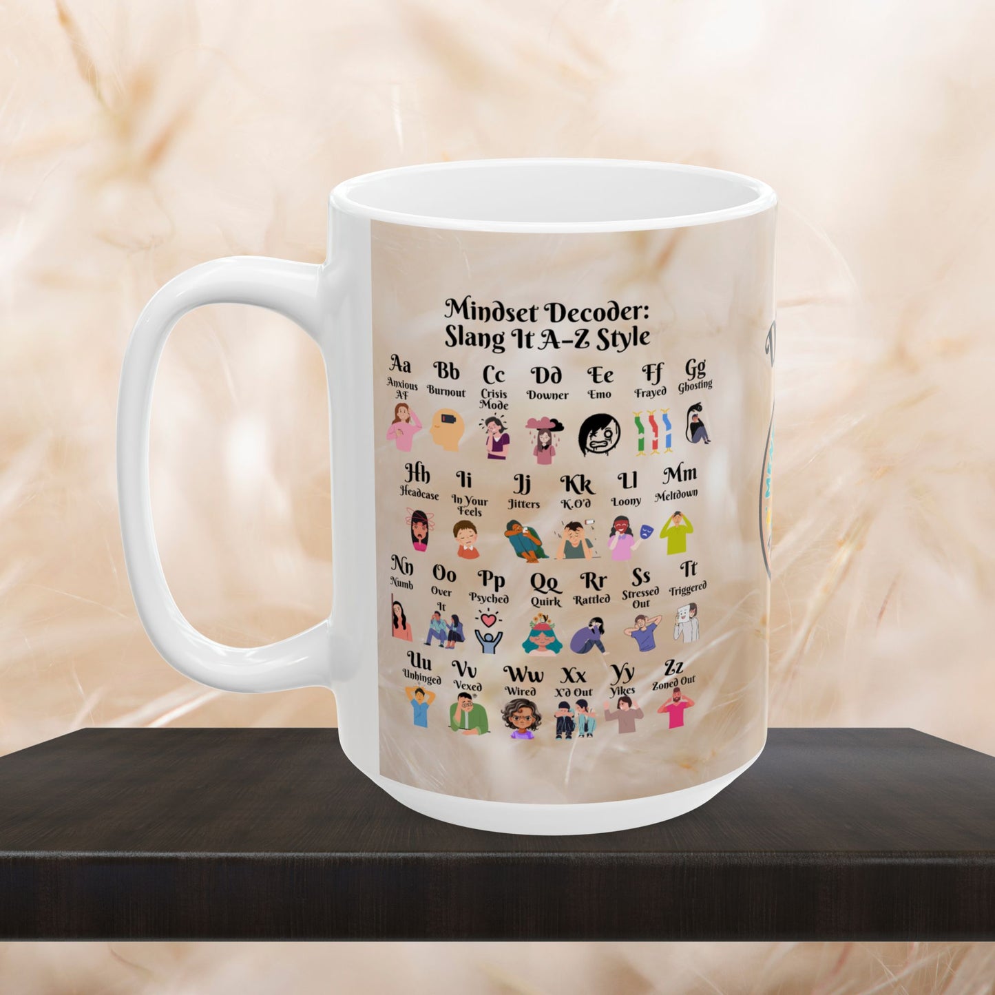 Mindset Decoder Mug with A-Z therapy and mental health slang, personalized for a daily boost of positivity and healing.
