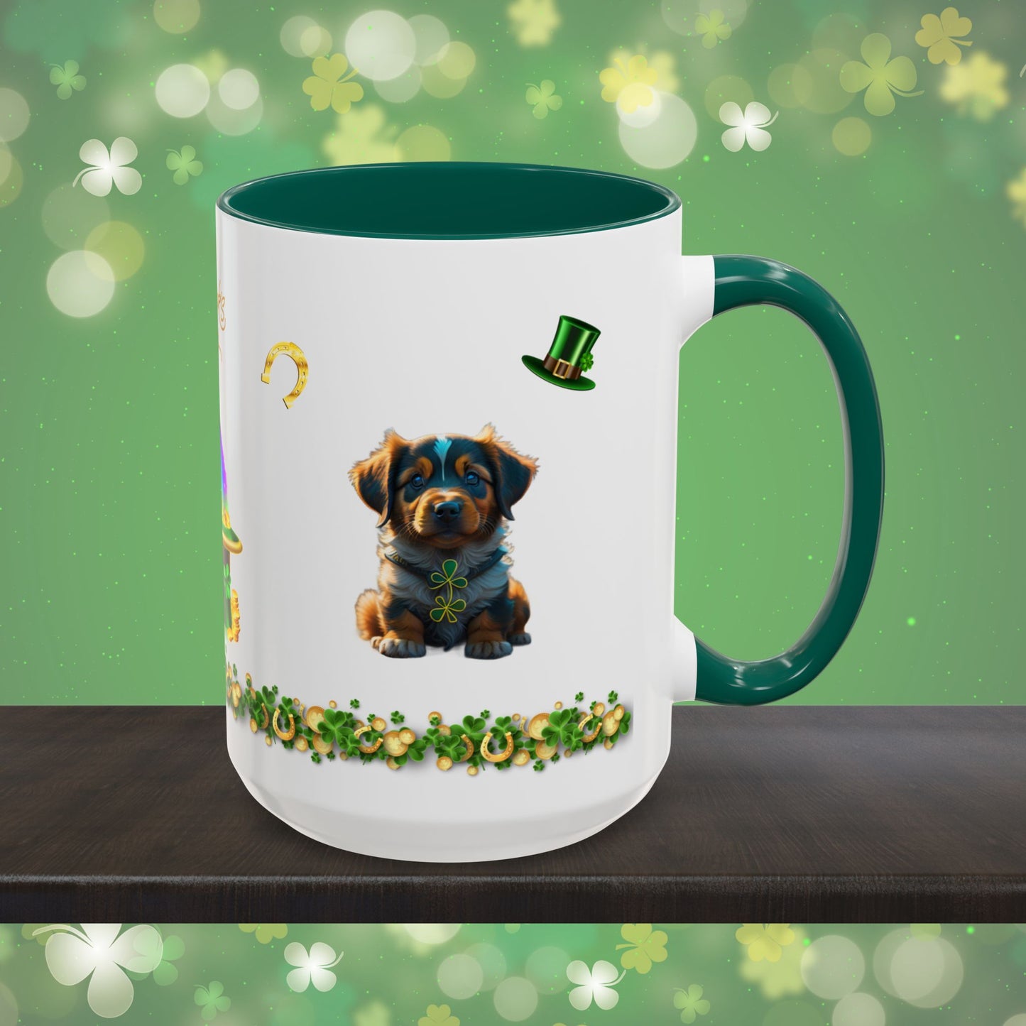 Pup-tastic Serenity: St. Patrick's Day Two-Tone Coffee Mug - Festive Ceramic Mug for Positivity & Mindfulness
