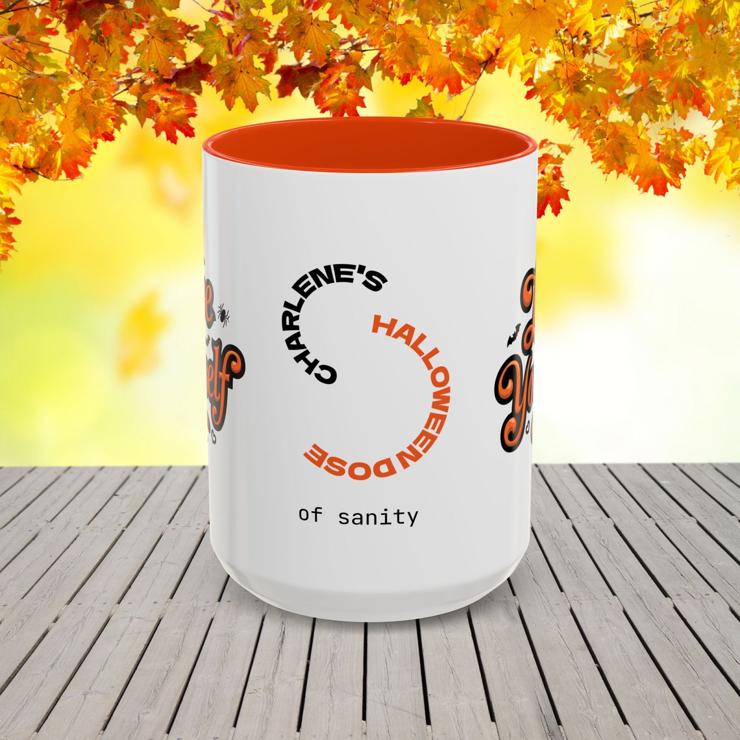 Love Yourself Halloween Mug -custom coffee cup with name & uplifting seasonal quote