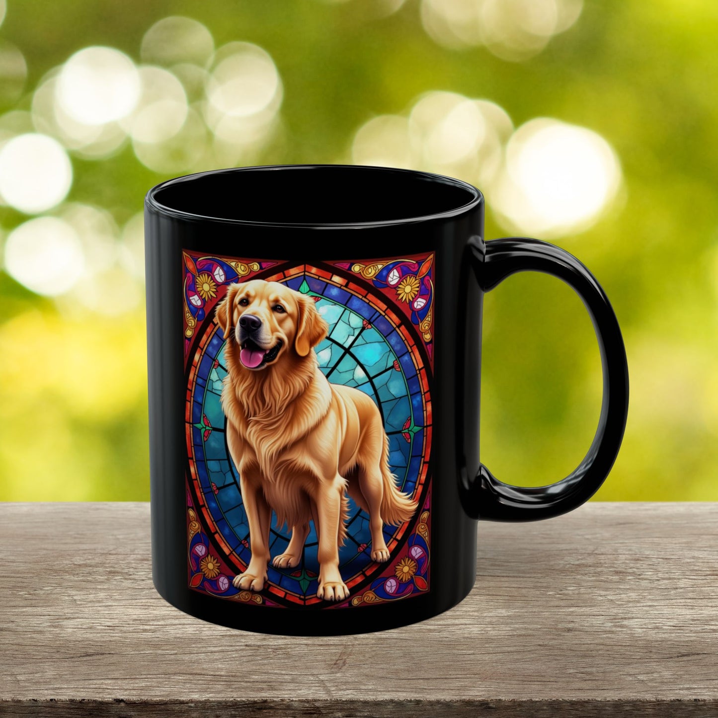 Classic Golden Retriever stained glass style coffee mug, customizable with dog name, perfect gift for pet parents
