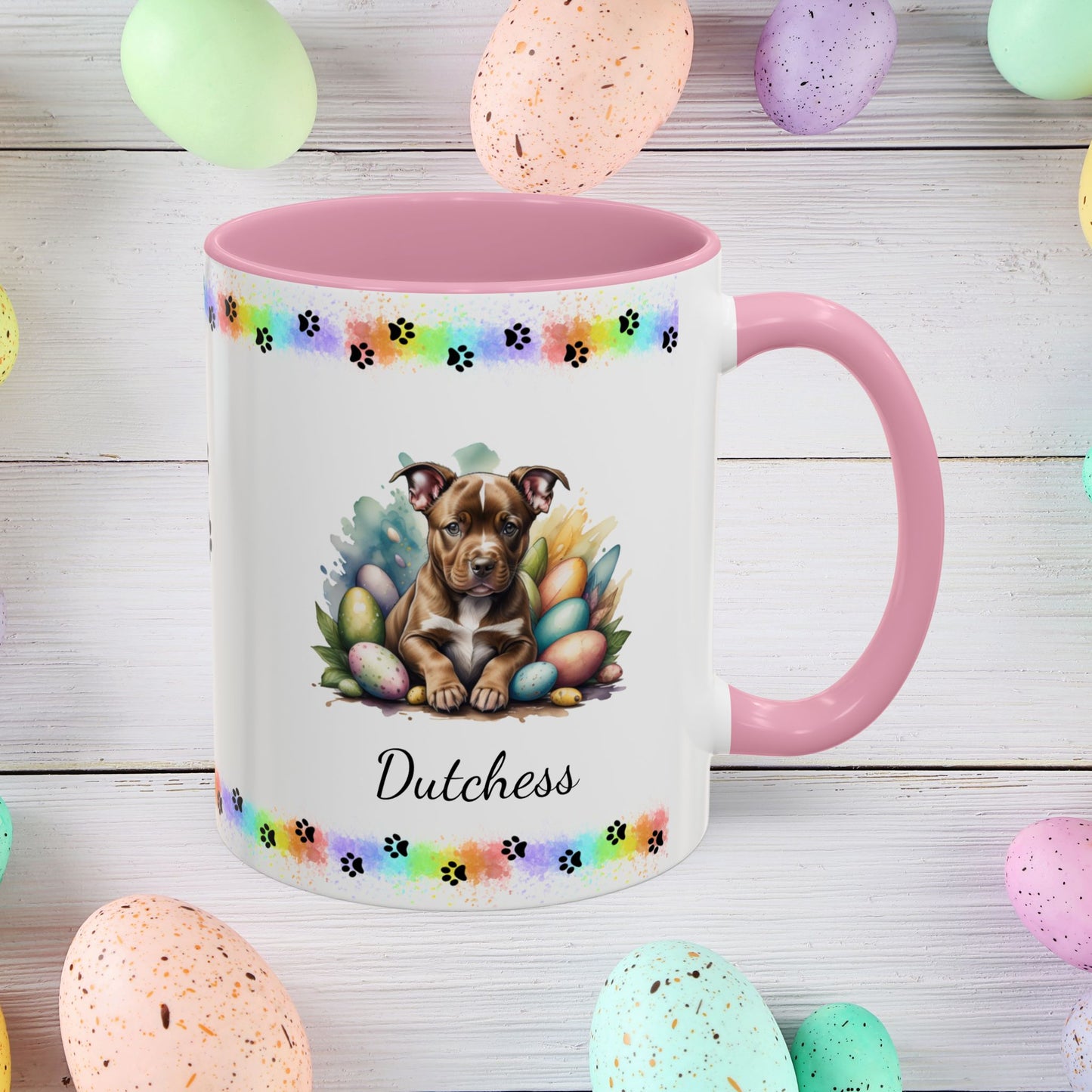 Pitbull (Brown): Personalized Easter Puppy Coffee Mug - Adorable Dog Design, Mental Health Gift, 11oz & 15oz, 12 Color Choices, Easter Gifts & Décor