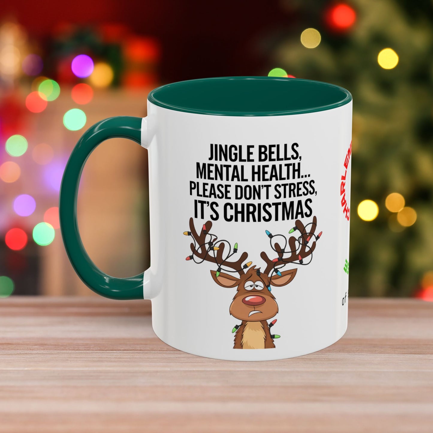 Jingle Bells, Mental Health... Please Don't Stress, It's Christmas - Fun Christmas Mug with Colorful Design and Accent Color