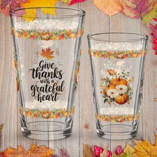 Shop our premium give thanks with a grateful heart thanksgiving pint glass 16oz from MySisterIsASurvivor.