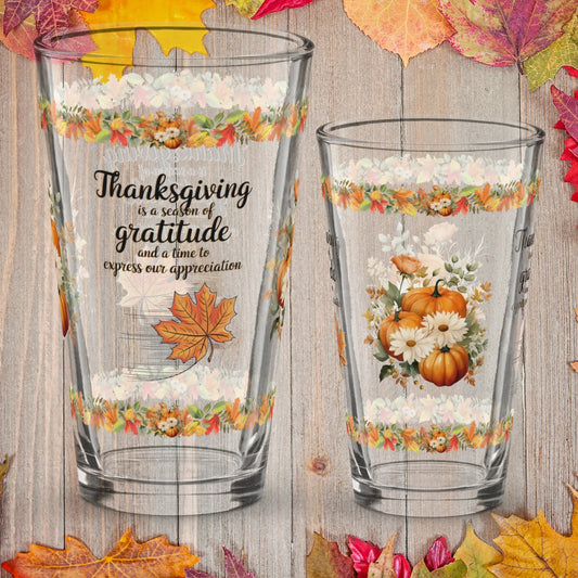 Shop our premium thanksgiving is a season of gratitude thanksgiving pint glass 16oz from MySisterIsASurvivor.