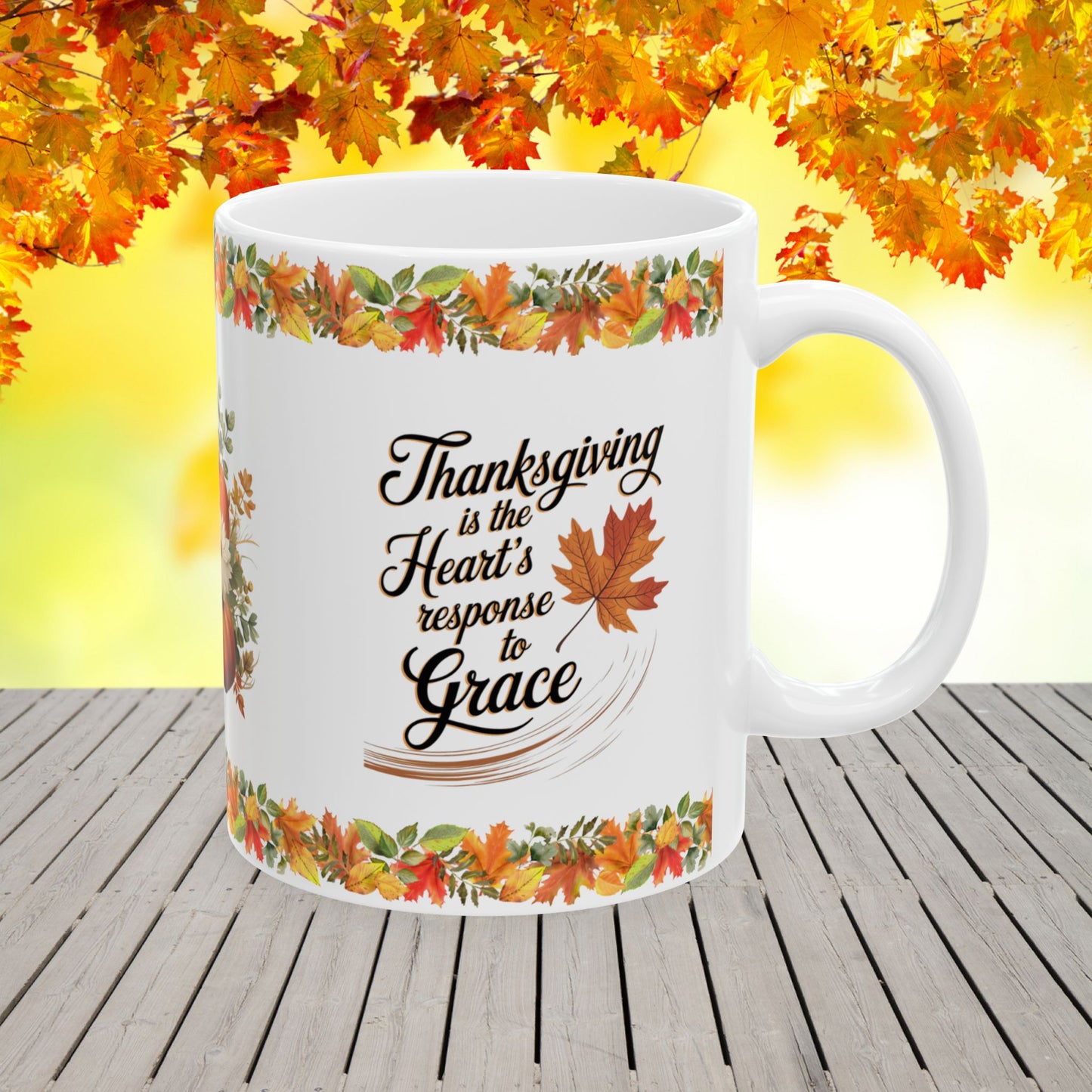 Thanksgiving Ceramic Mug with Grace and Heartfelt Thanks for Gratitude and Reflection
