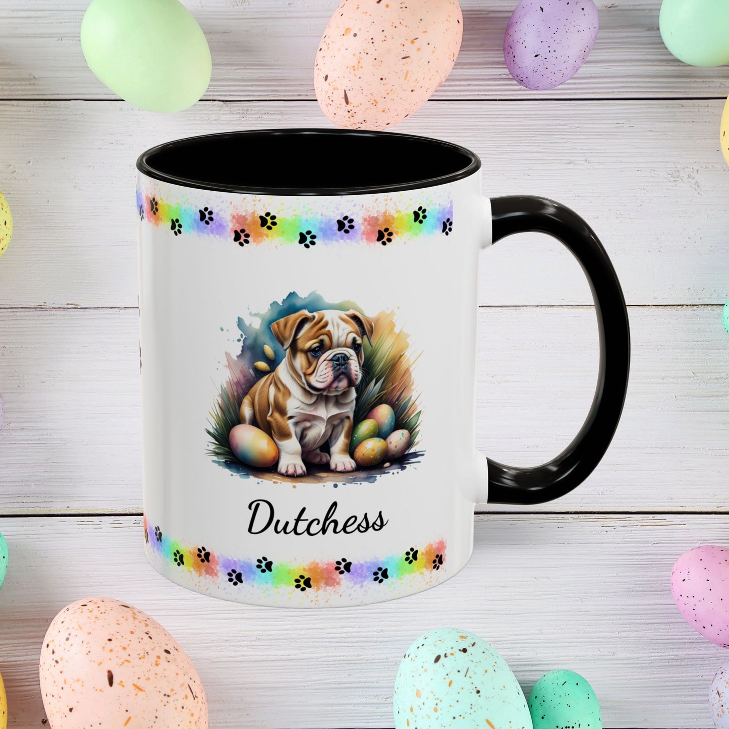 Bulldog Easter puppy coffee mug, personalized cute dog gift for mental health support and cozy mornings