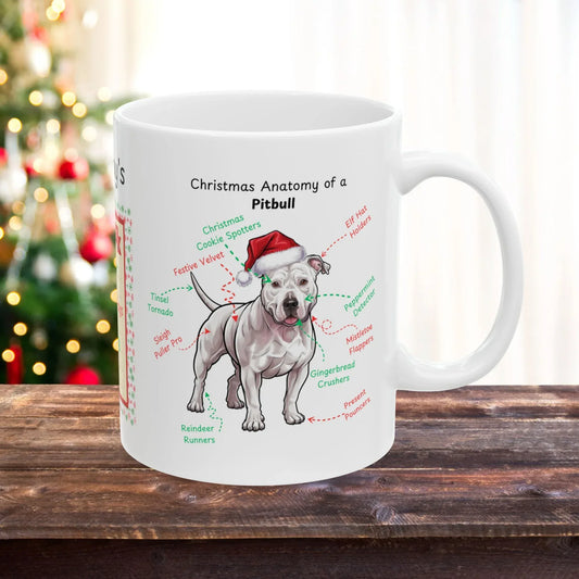 Shop our pitbull white christmas anatomy mug featuring the 15oz style option from MySisterIsASurvivor.