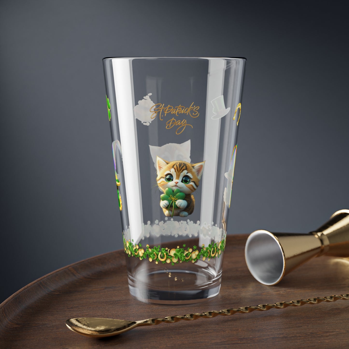 Tranquil Treasures with Tiny Whiskers: Mindful St. Patrick's Day 16oz Pint Glasses - Festive Design for Positivity & Wellness