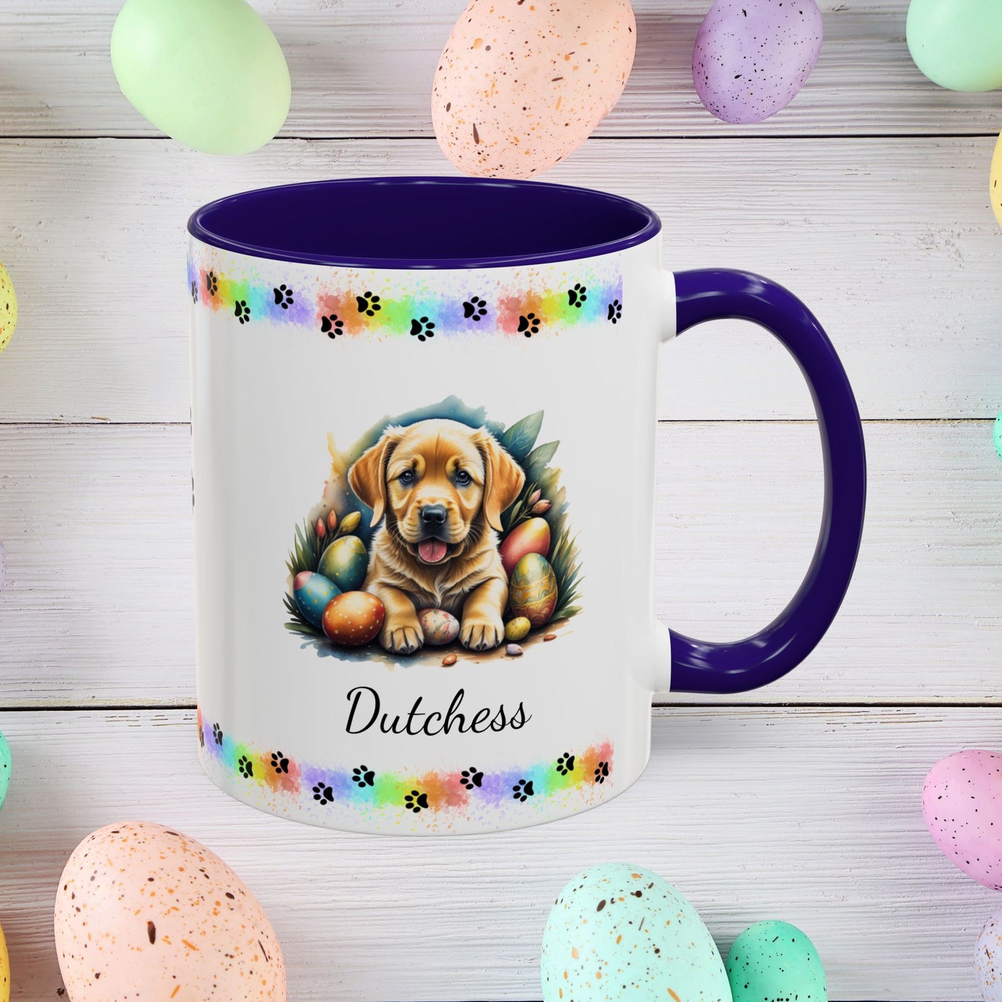 Yellow Labrador Easter puppy coffee mug personalized cute dog design, spreading joy and emotional wellness this Easter.