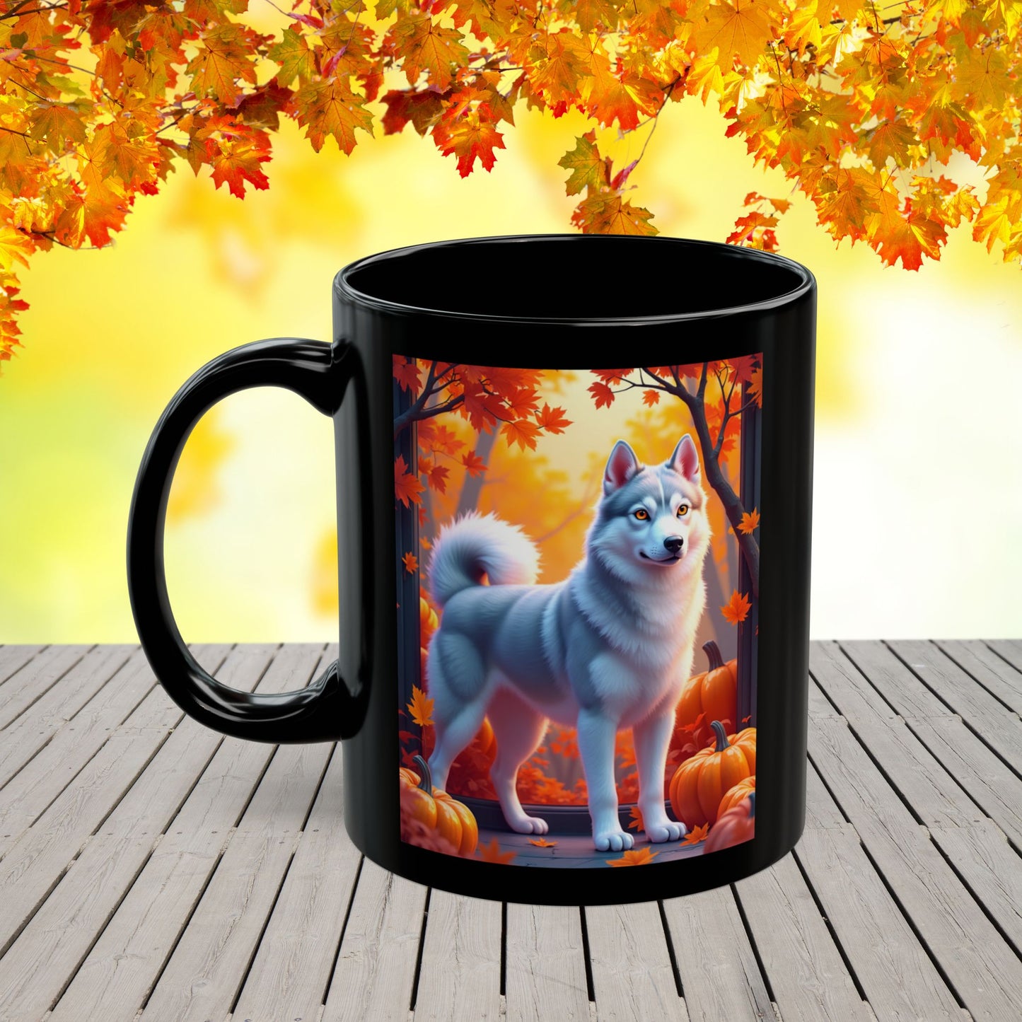 Silver Siberian Husky (Amber Eyes) autumn coffee mug, personalized gift for Husky lovers and dog parents