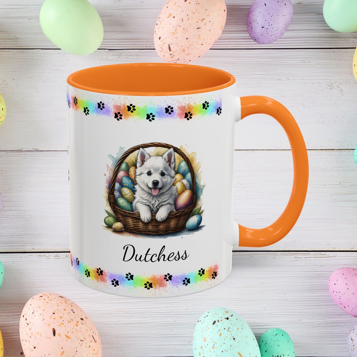 American Eskimo personalized Easter puppy mug, cute dog coffee cup, mental health awareness gift for dog lovers