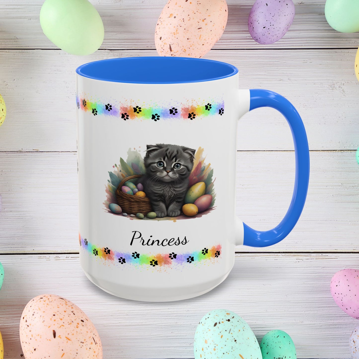 Scottish Fold Easter coffee mug, personalized kitten design, cute cat gift for mental health awareness