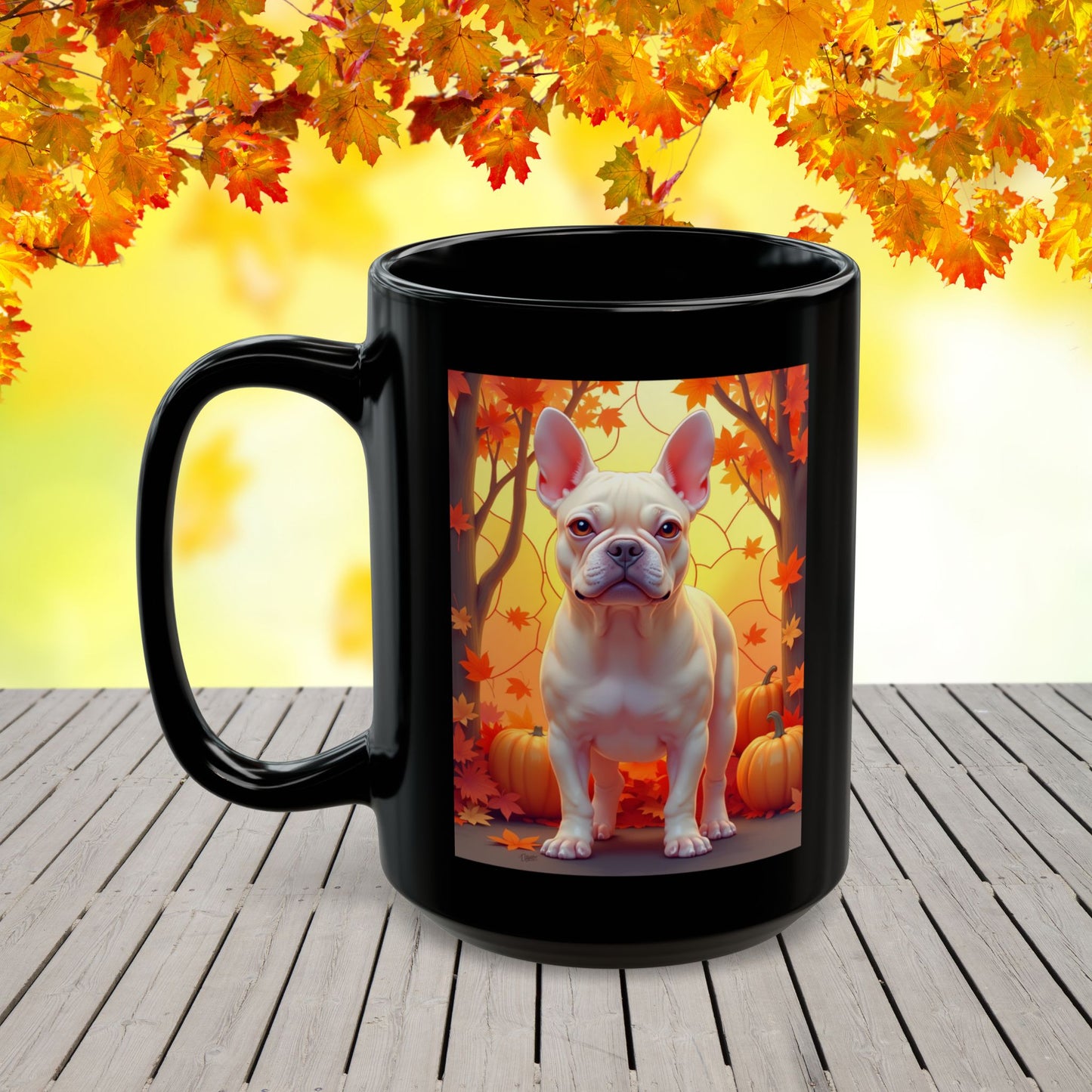 Cream French Bulldog Autumn Black Mug - Cozy fall Frenchie dog breed coffee mug
