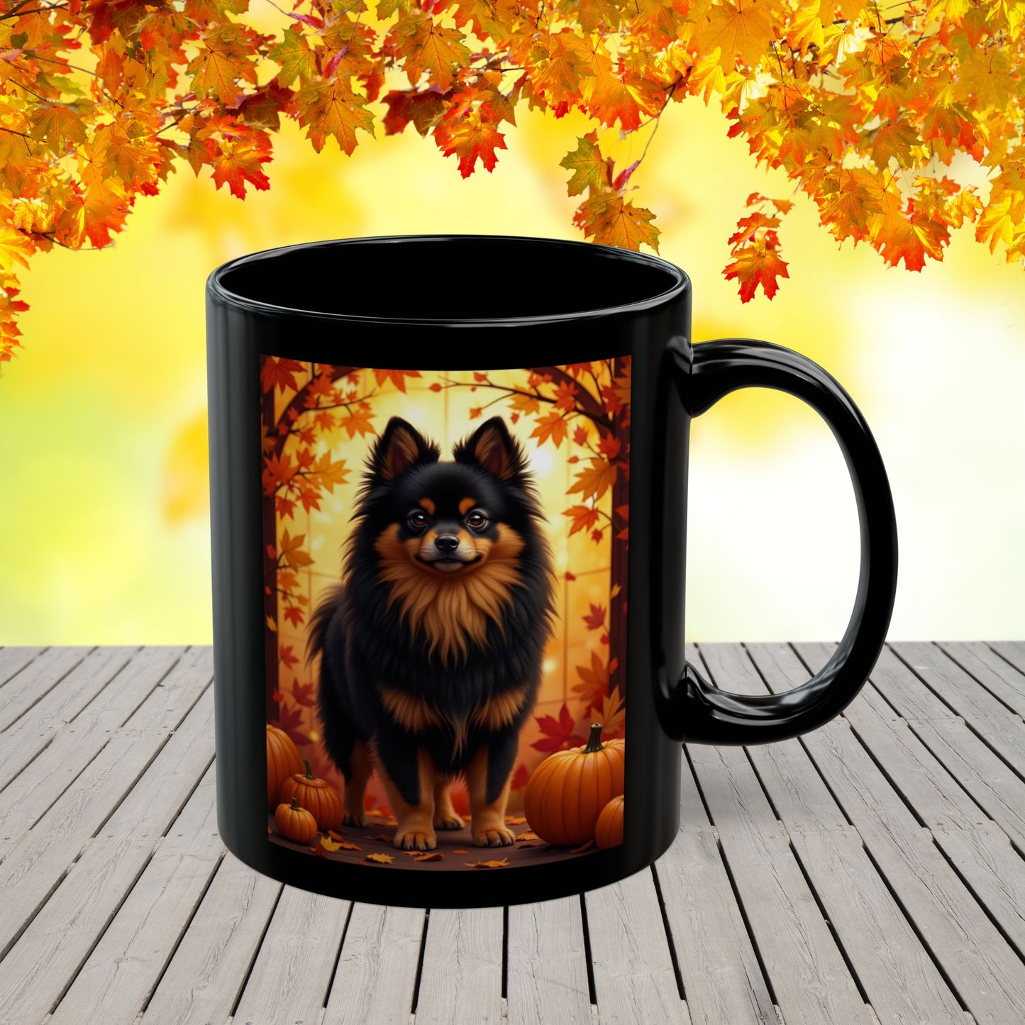Black & Tan Pomeranian autumn coffee mug, personalized dog lover gift for cozy fall sipping