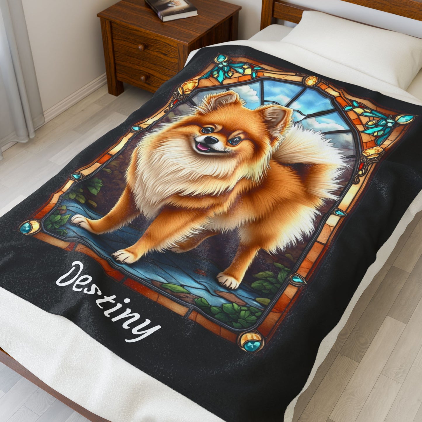 Pomeranian Orange Sable Coat Blanket, Velveteen Plush Stained Glass Dog Throw, Custom Pet Lover Gift