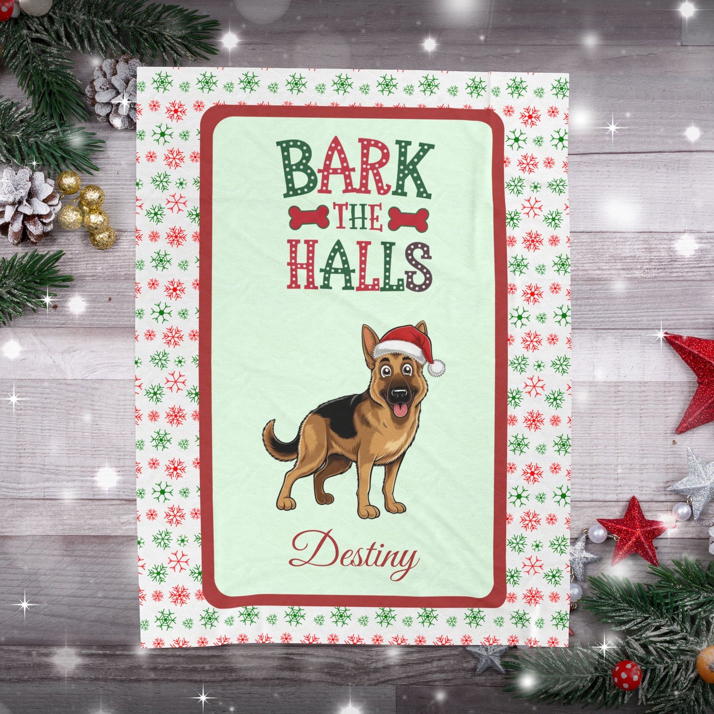 German Shepherd Personalized Velveteen Blanket - Breed-specific cozy Bark The Halls dog throw