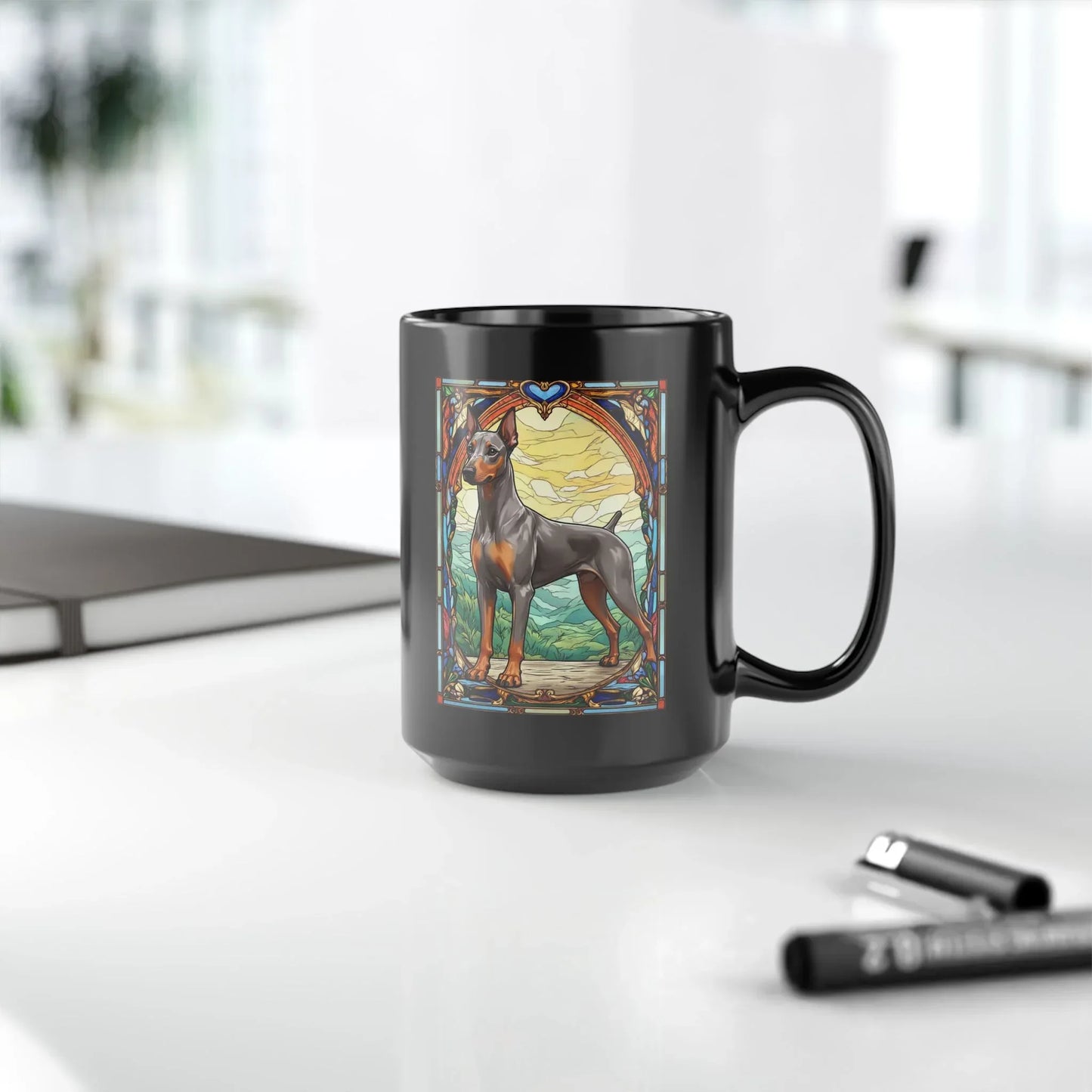 Shop our premium doberman pinscher fawn isabella rust personalized mug with stained glass design 11oz 15oz from MySisterIsASurvivor.