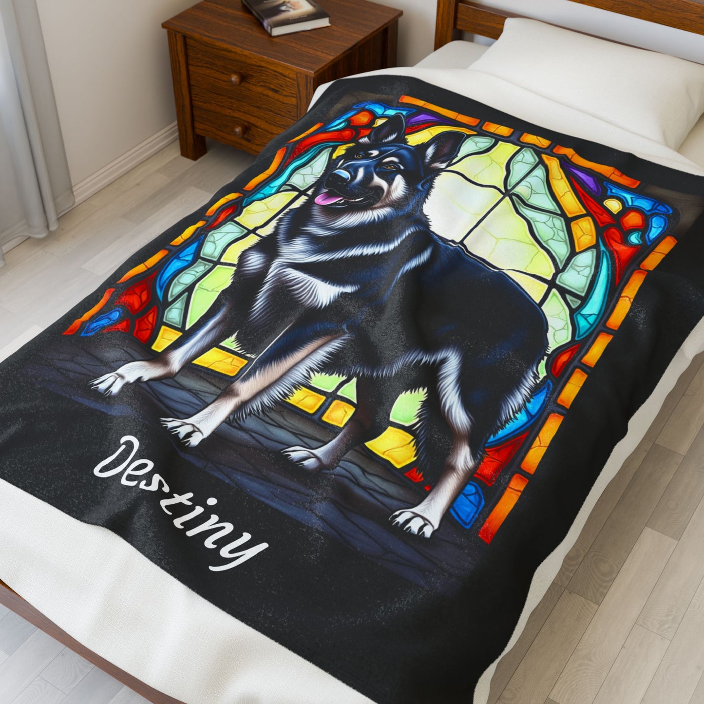 German Shepherd Black & Silver - Velveteen Plush Stained Glass Dog Blanket - Custom Dog Blanket, German Shepherd Gift
