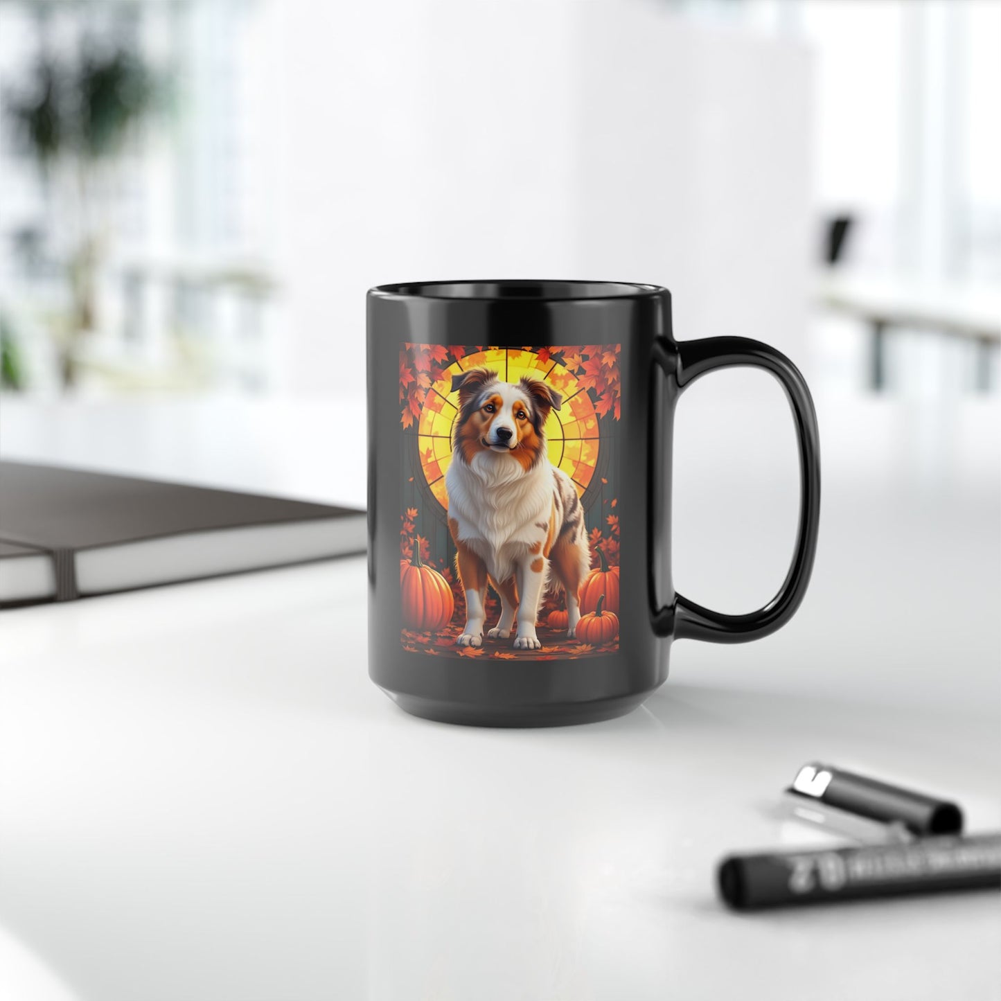 Australian Shepherd Red Merle - Autumn mug, personalized herding dog coffee cup for Aussie enthusiasts