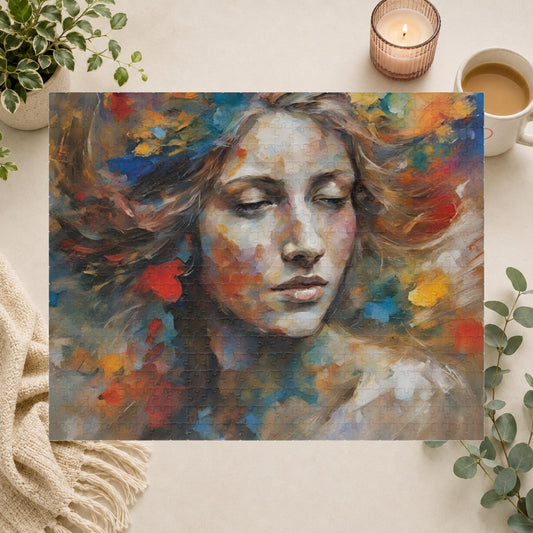 Colorful abstract painting of a woman's face with a white background