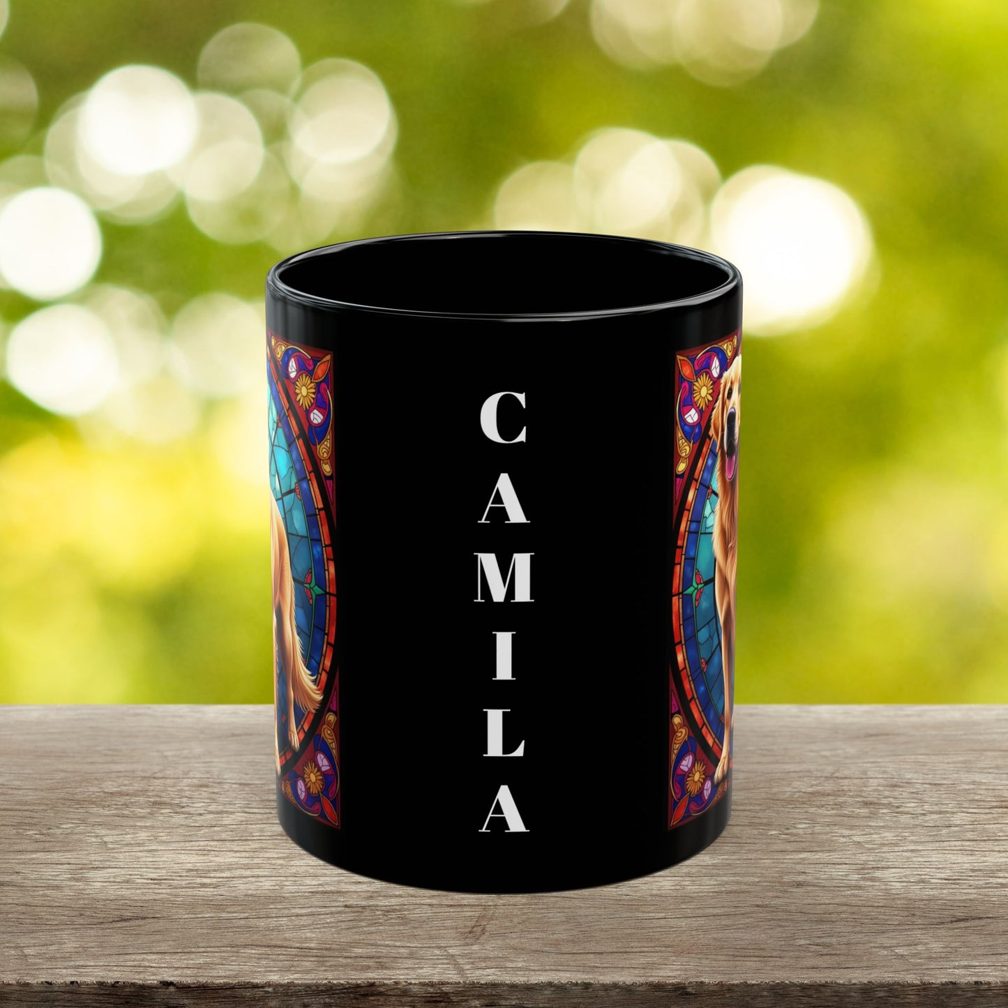 Classic Golden Retriever stained glass style coffee mug, customizable with dog name, perfect gift for pet parents