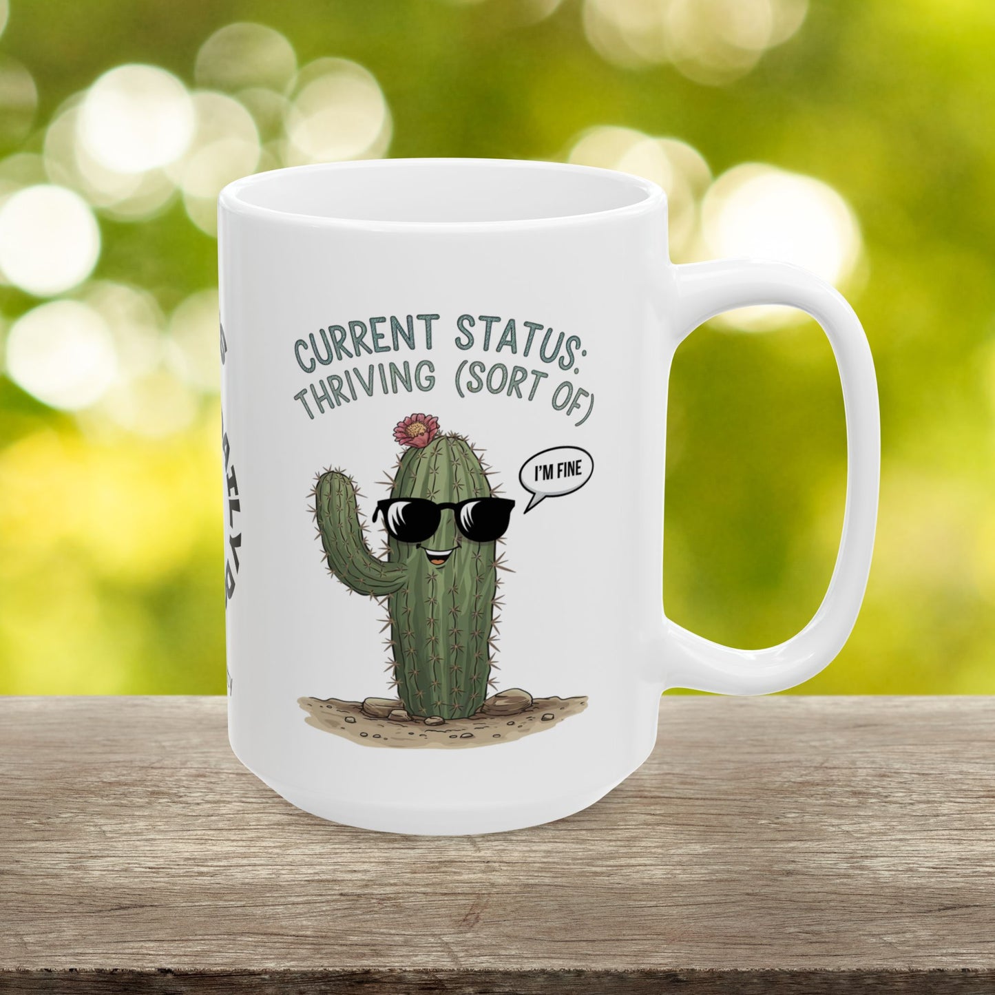 "Current Status: Thriving (Sort Of)" funny mental health mug, personalized for anxiety relief and self-care affirmations.