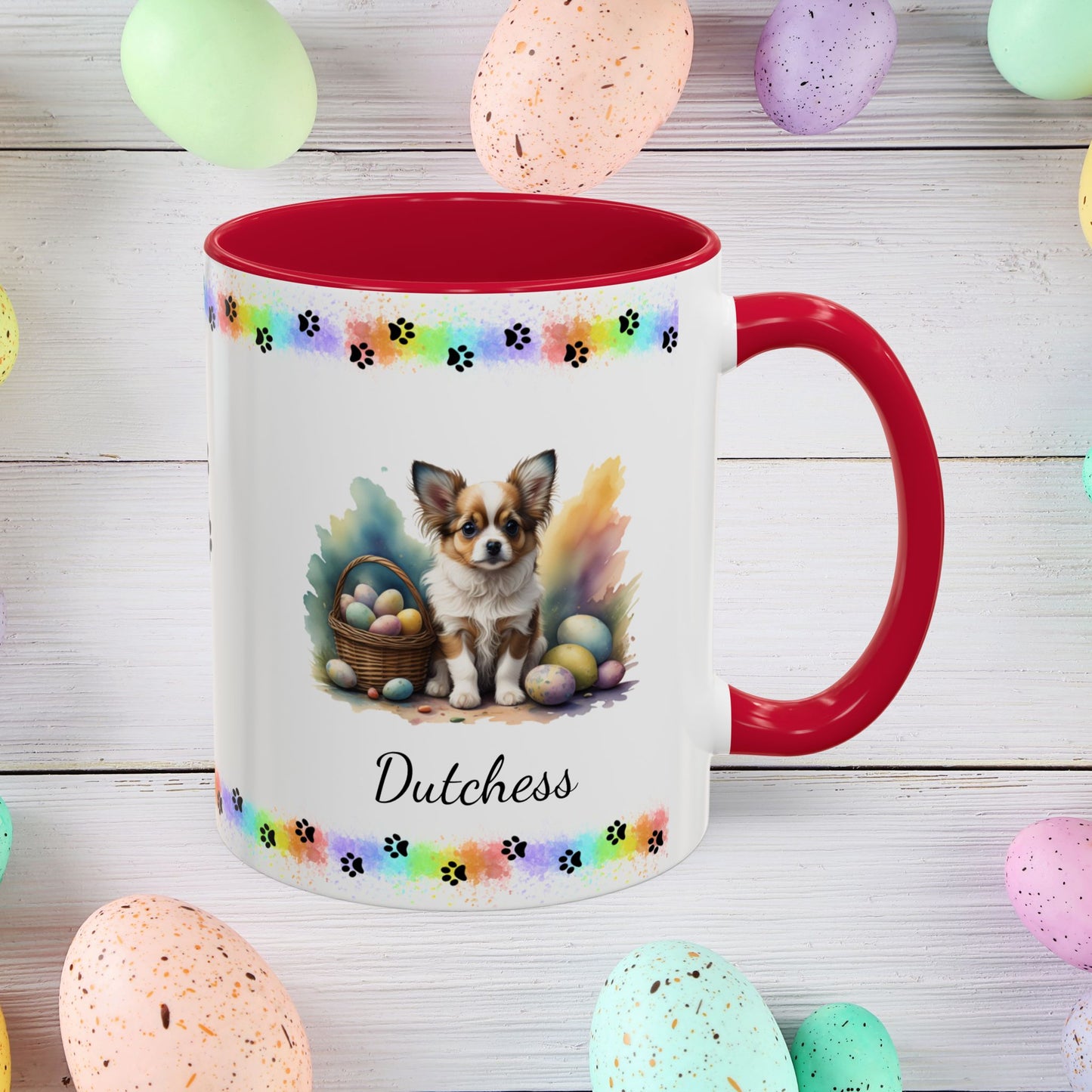 Papillon Brown & White Easter puppy coffee mug, personalized cute dog gift for mental health awareness and comfort