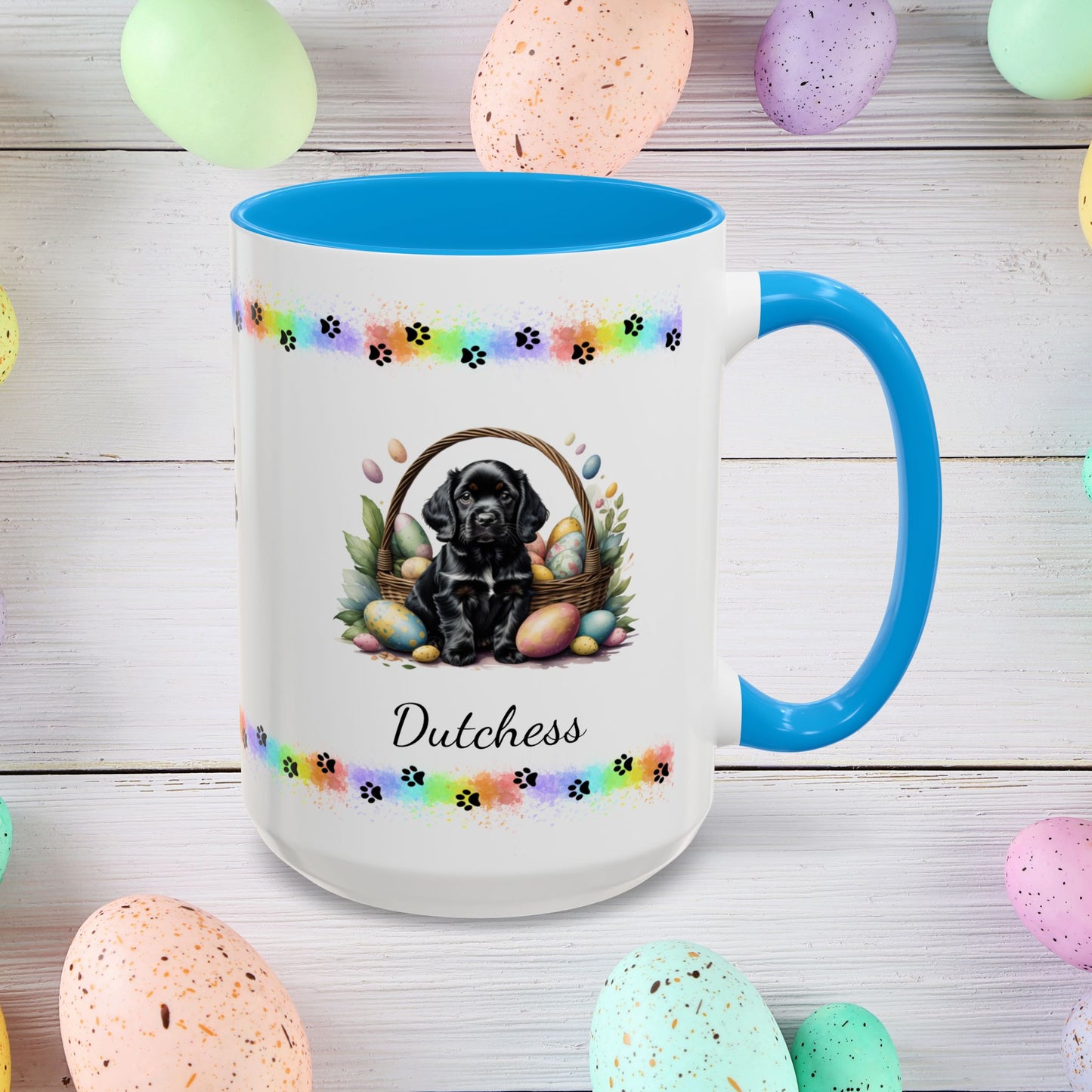Cocker Spaniel Black personalized Easter puppy mug, cute dog coffee cup gift for mental health awareness