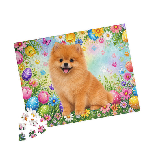 Pomeranian (Orange) Easter Puppy Puzzle - Spring Garden with Eggs, Tulips, and Daisies