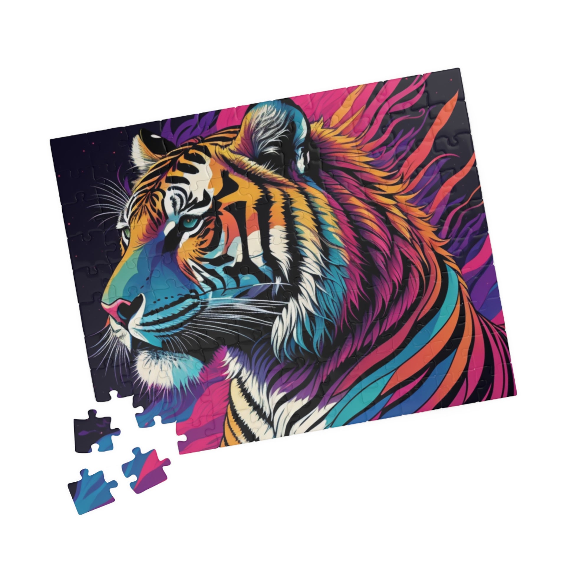 Serene tiger with a thoughtful gaze, featured in a puzzle celebrating quiet strength and balance